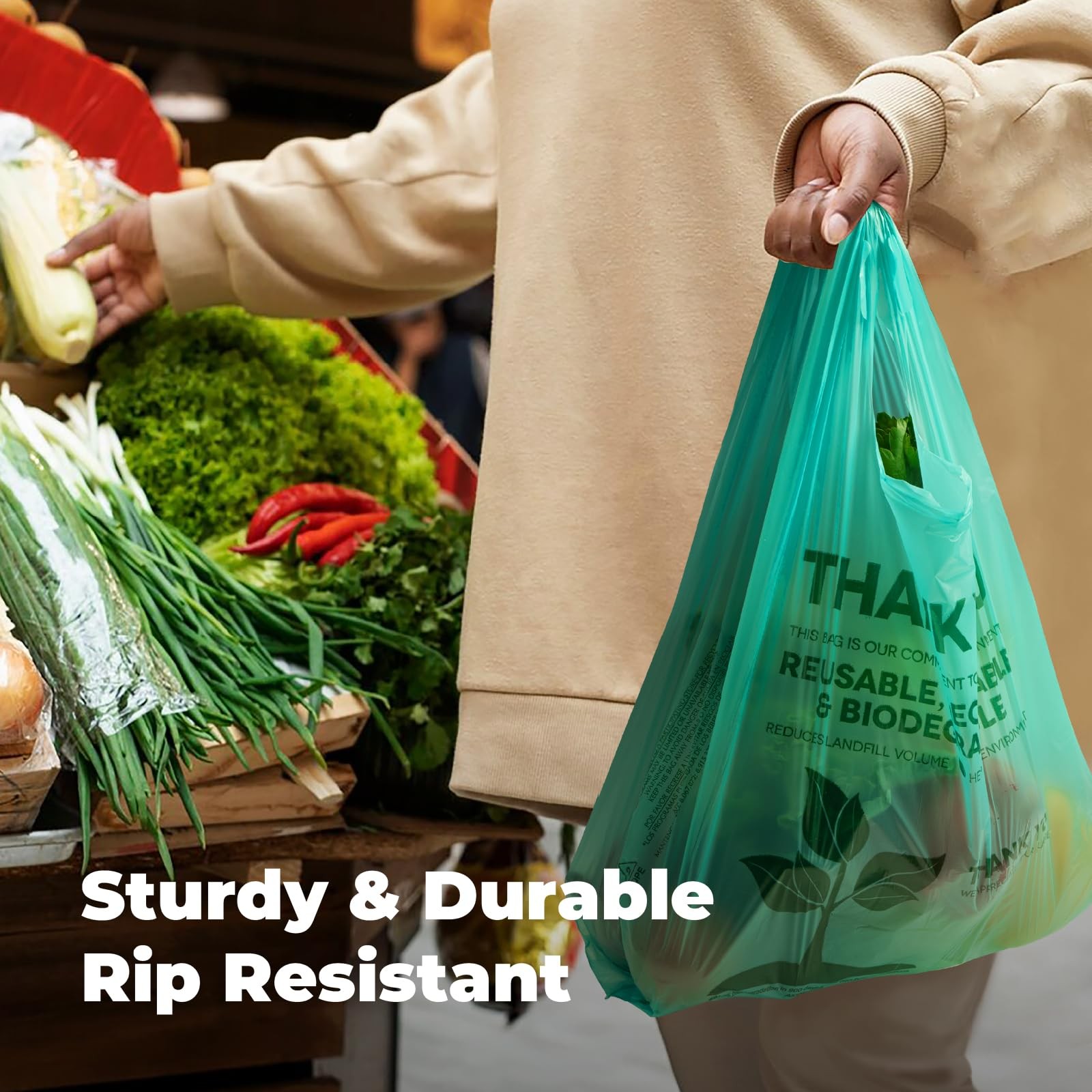Eco Biodegradable Plastic Grocery Bags – 100 Count with Handles, Thank You T-…