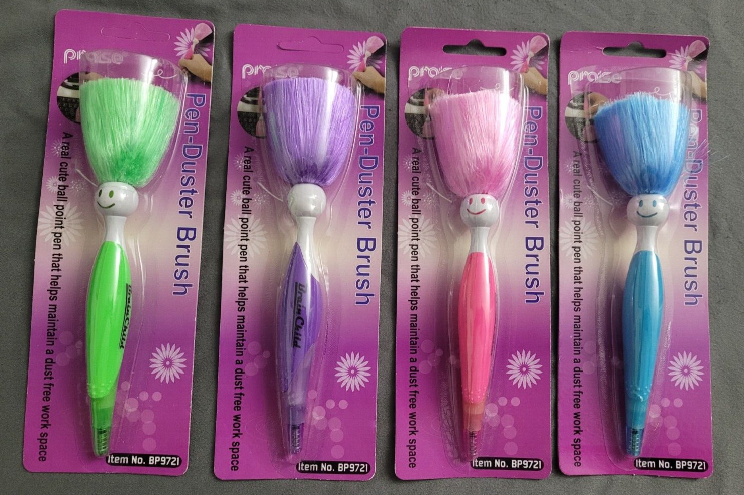 Praise Pen Duster Brush Smiley Face Blue Pink Green Purple New Gift Lot of 4