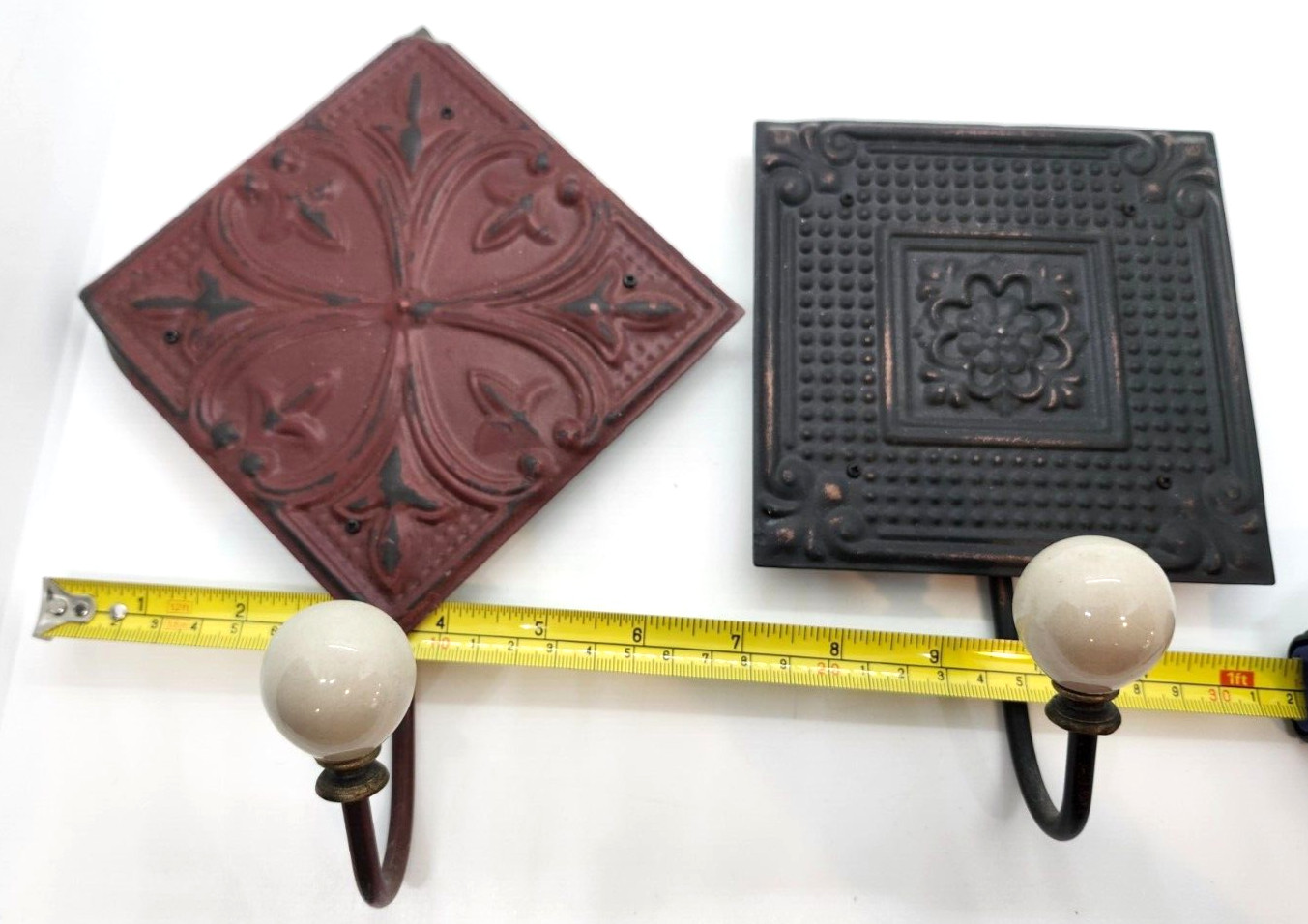 Embossed Metal Tile Hooks Decorative Set of 2 Black and Red