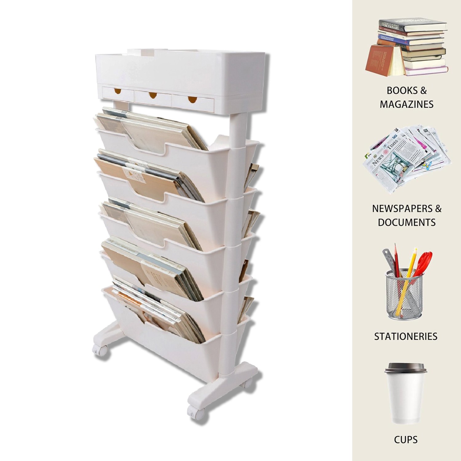 6-Tier Rolling Book Cart Mobile Storage Organizer with Wheels for Office Home
