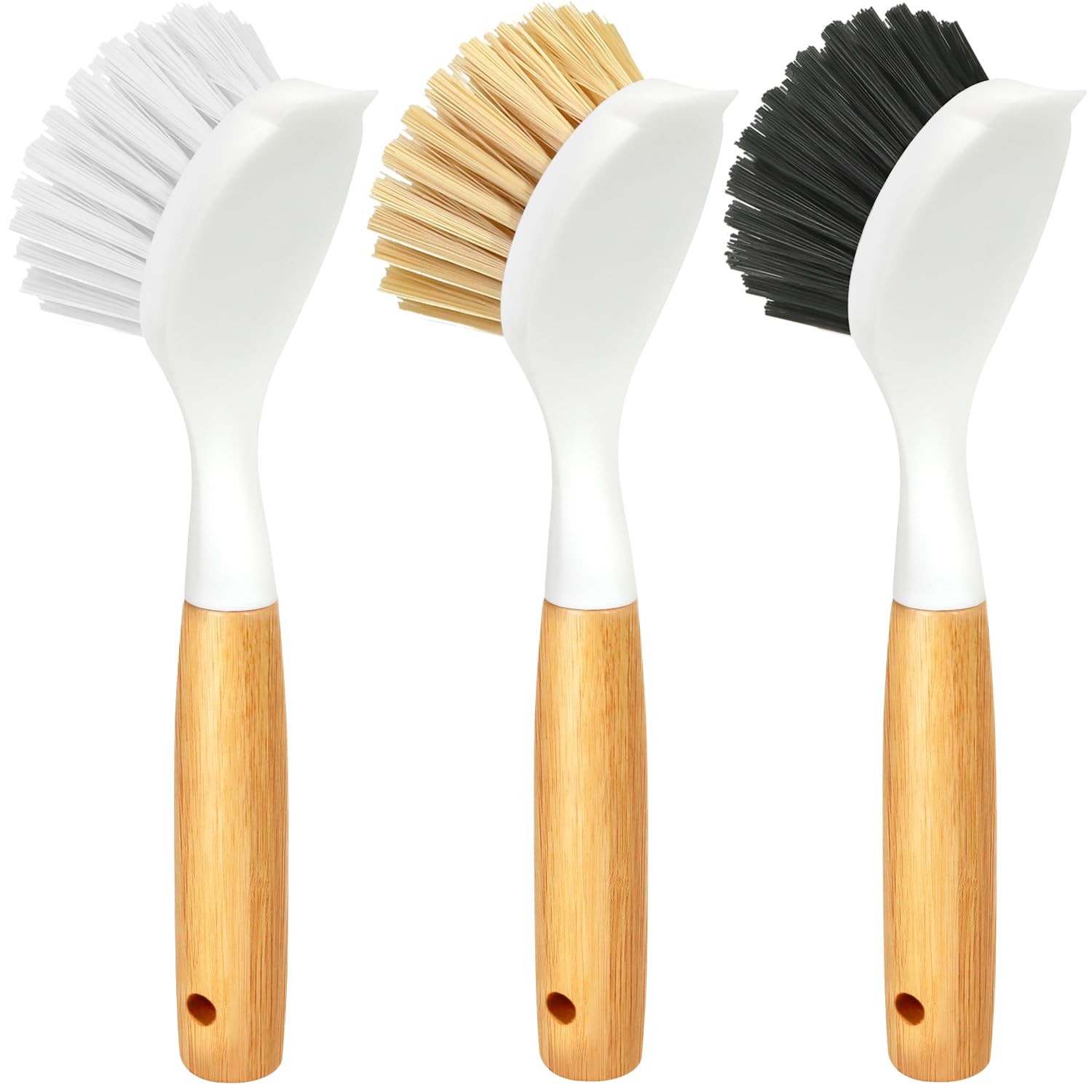 Bamboo Dish Brush Set with L-Shaped Handle Dish Cleaning Tools White Yellow