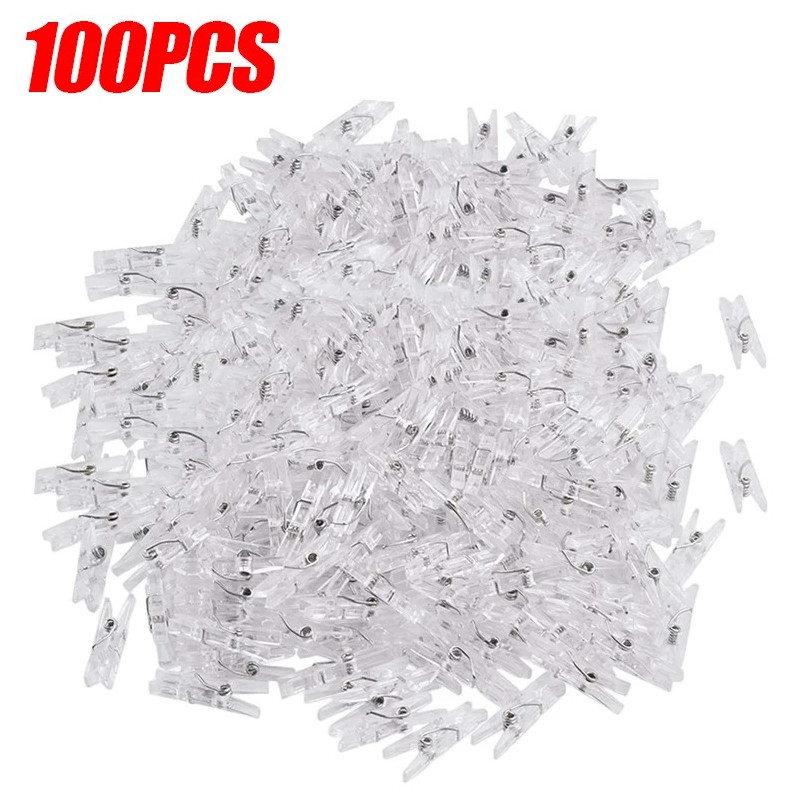 100pcs Transparent Plastic Mini Photo Clips for DIY & Home Decoration – NEW