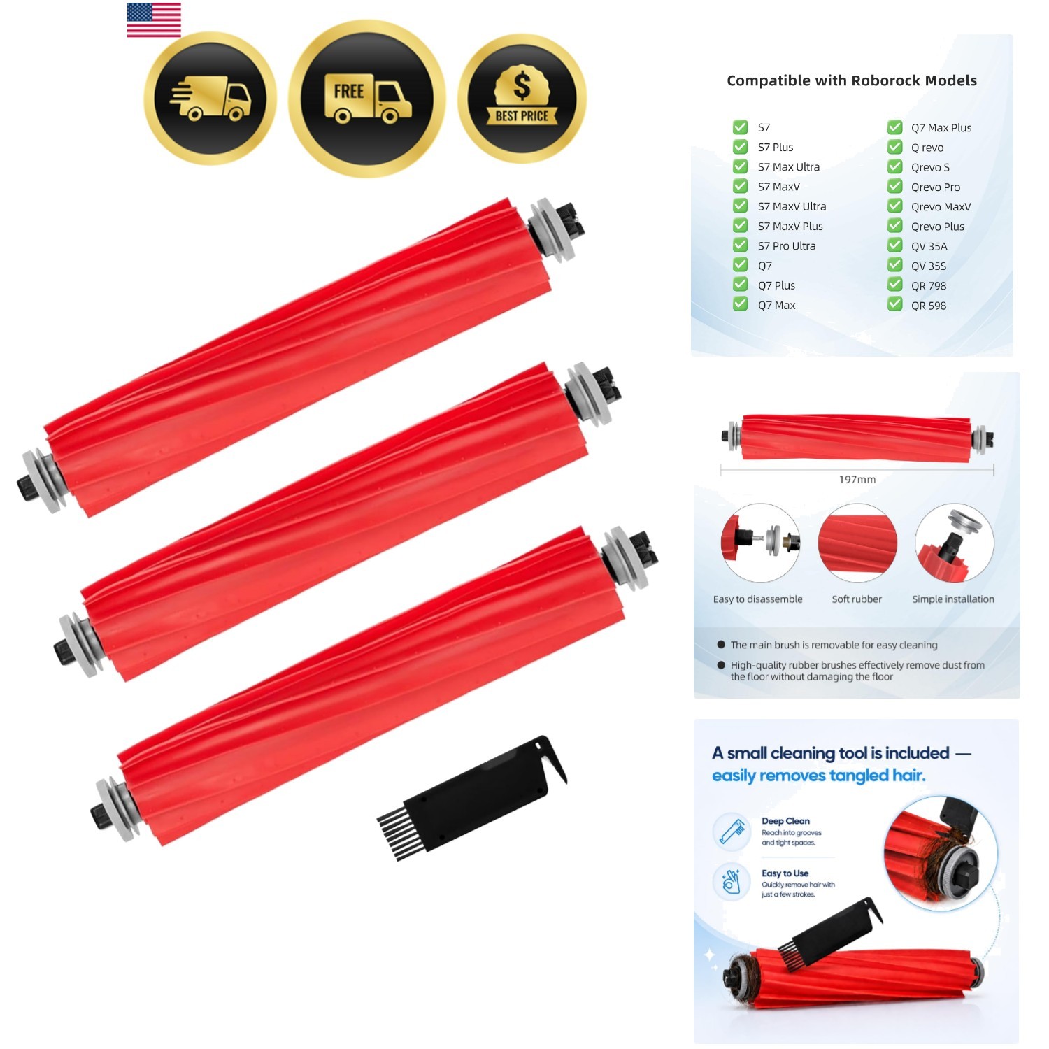 3 Main Brush Replacement Compatible with Roborock S7 Series, S7 Max Ultra, QV…