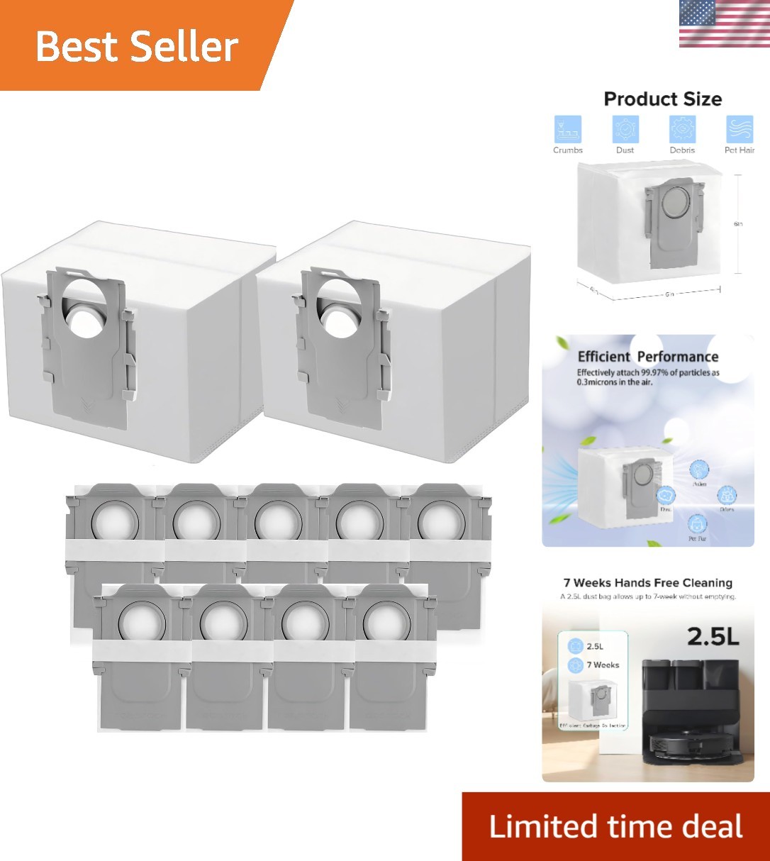 9 Large Capacity Roborock Dust Bags, 3.5L for Hassle-Free Cleaning Experience