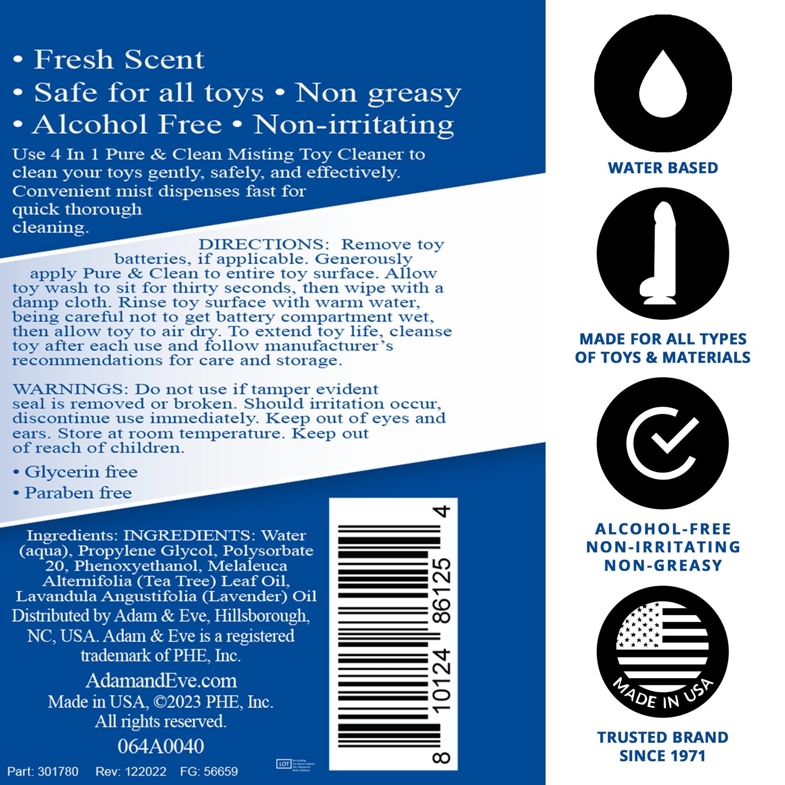 Adam & Eve 4-in-1 Pure & Clean Toy Cleaner, Fast-Acting Spray, Fresh Scent