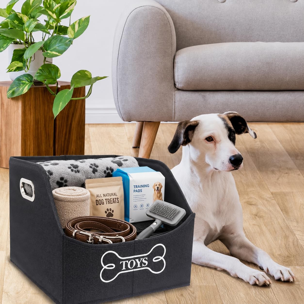 Geyecete Dog Toy Storage Bin Black Canvas Trapezoid Foldable