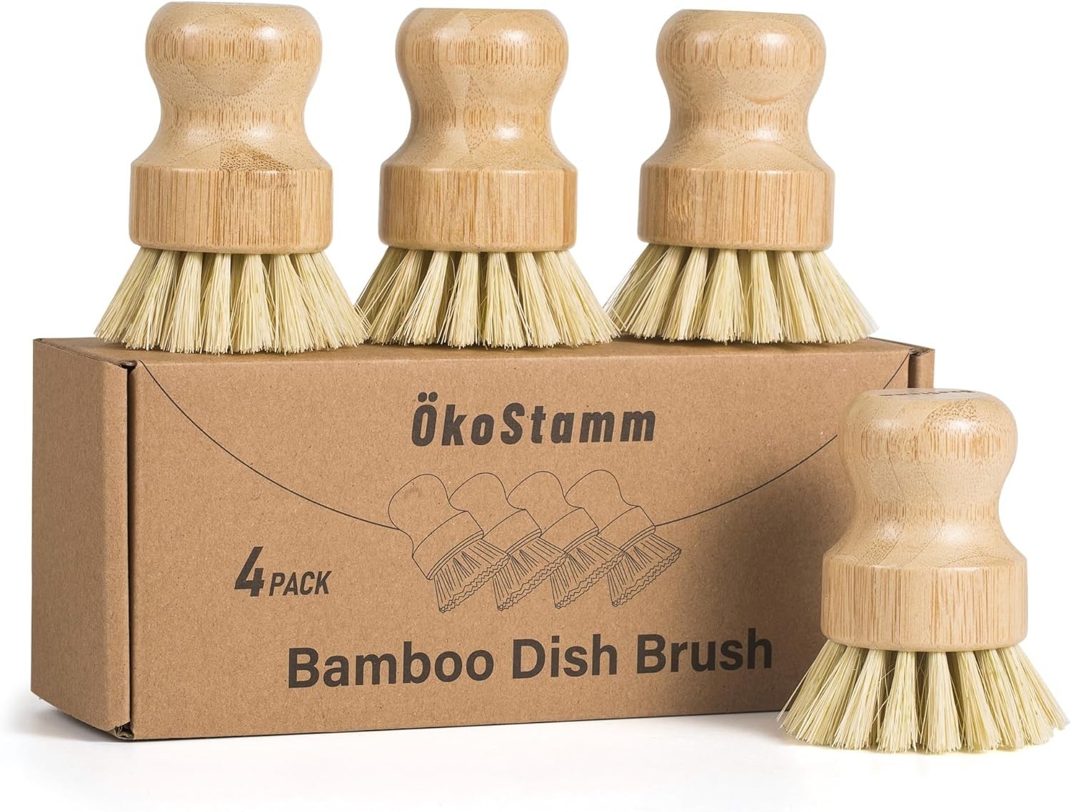 4 Pack Bamboo Dish Brush, Dish Scrubber Brush with Sisal Bristle, Natural Scr…