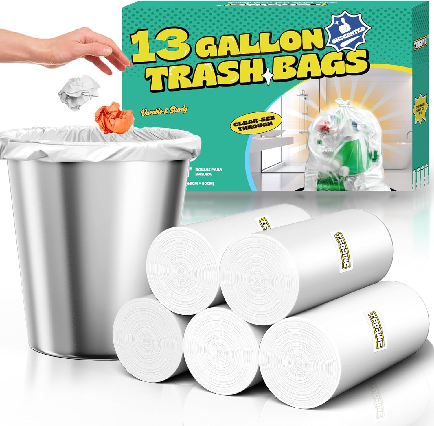 13 Gallon Tall Kitchen Trash Bags Unscented,1.1 Mil,Clear,110 Ct | Leakproof,Hea
