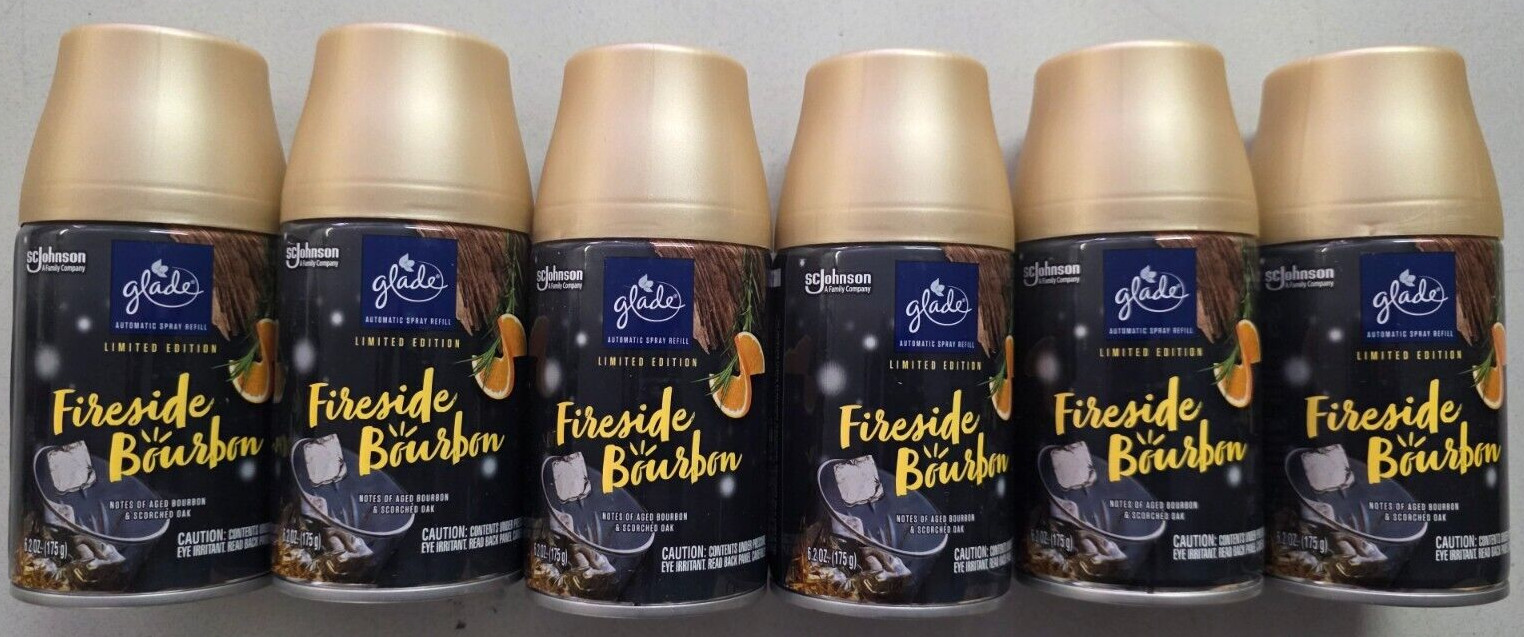 6 Glade Automatic Spray Refills ,Fireside Aged Bourbon, Limited Edition Oak Oil