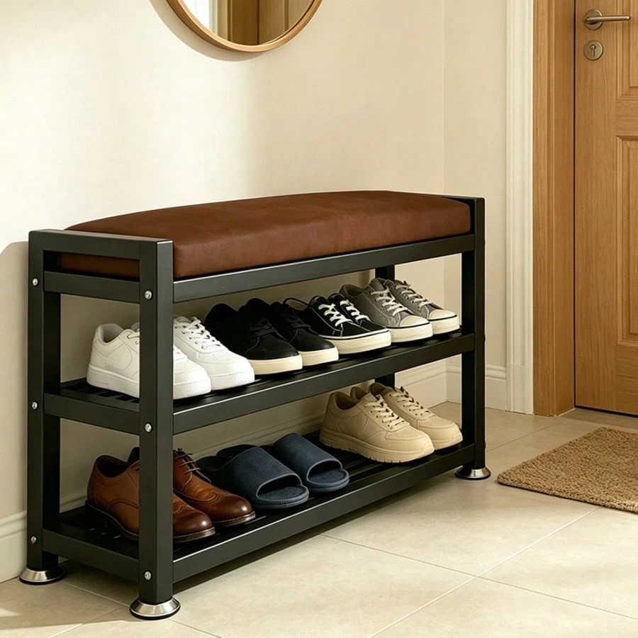 Entryway Shoe Bench 2-Tier Rack Padded Seat Brown 32in Storage Organizer