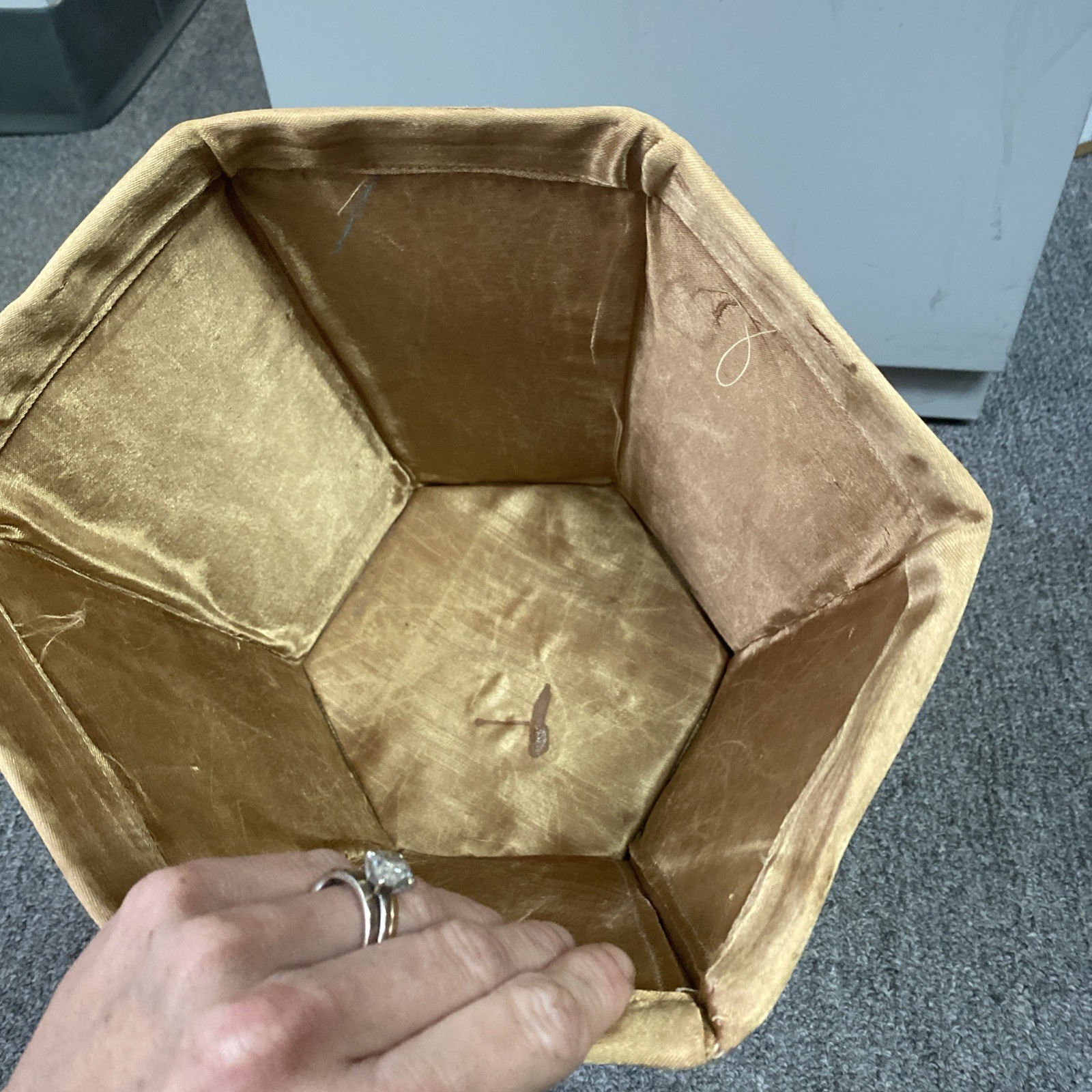 VTG Chinese Silk Brocade Hexagonal Waste paper Trash Basket Mcm 11.5x9x8″