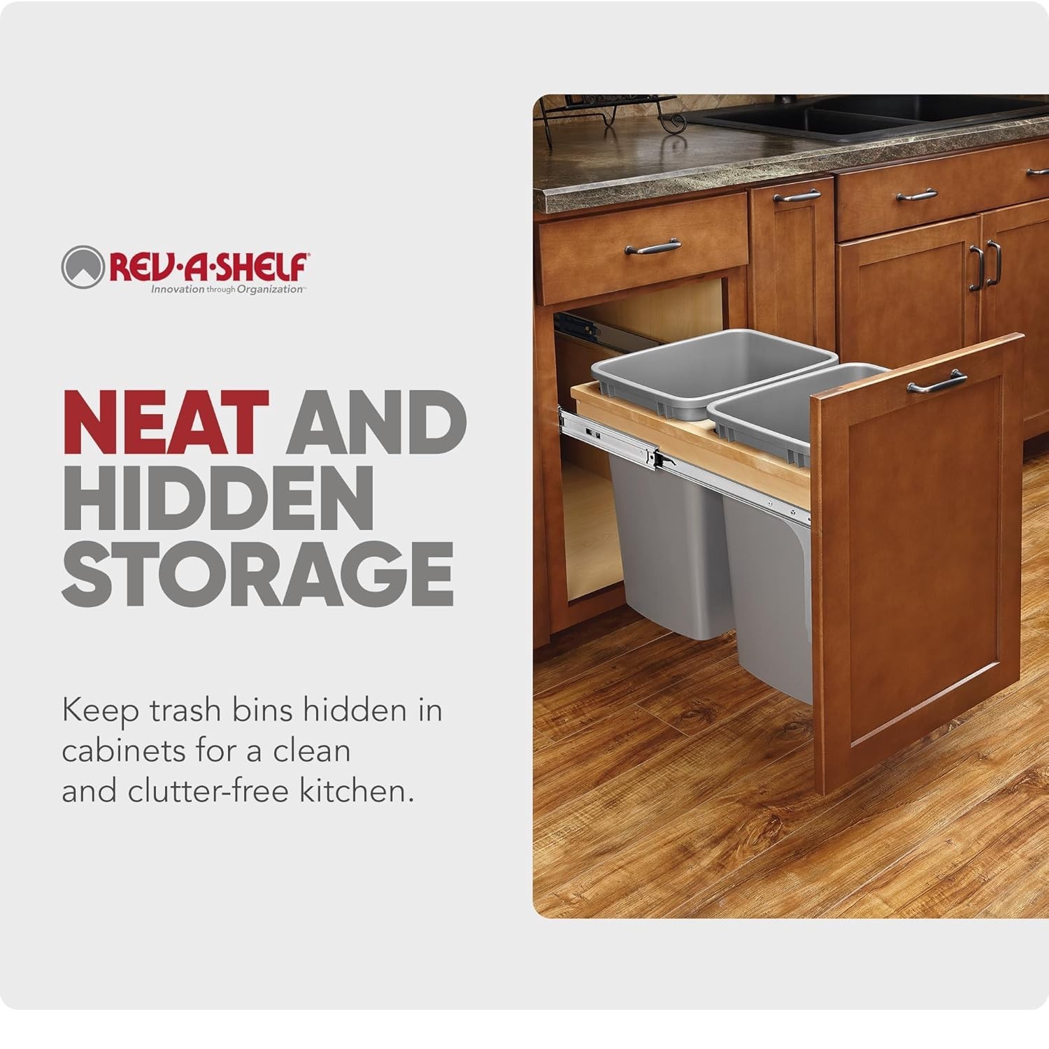 Rev-A-Shelf Pullout Top Mount Trash Can w/ Soft-close, 35 qt., 4WCTM-18BBSCDM2