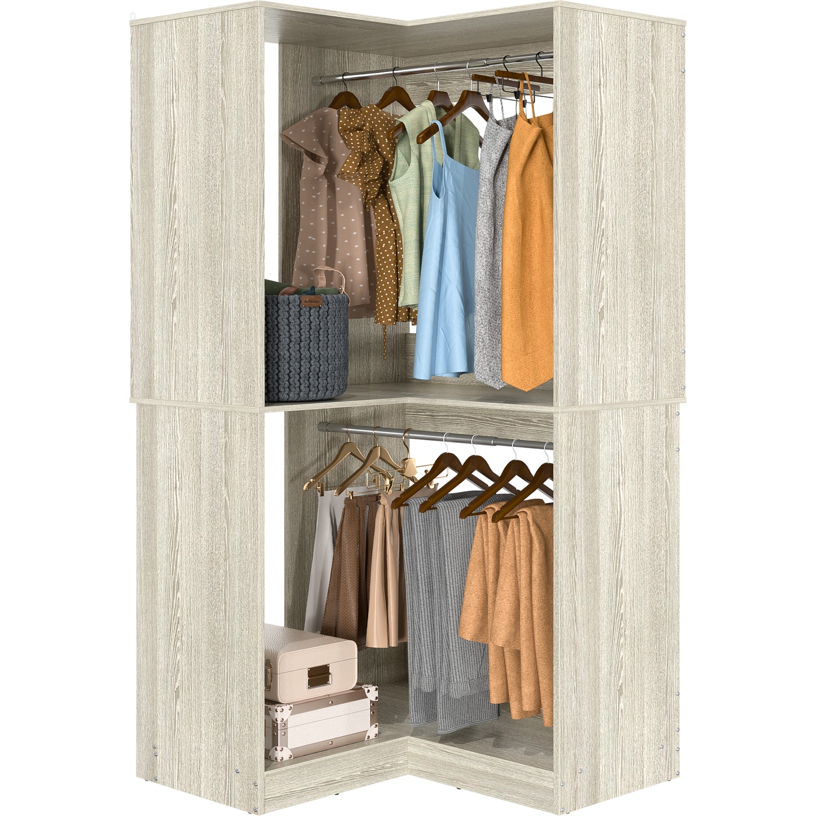 32″ Wide Wood Corner Closet Organizer System with 2 Hanging Rod & Storage Shelve