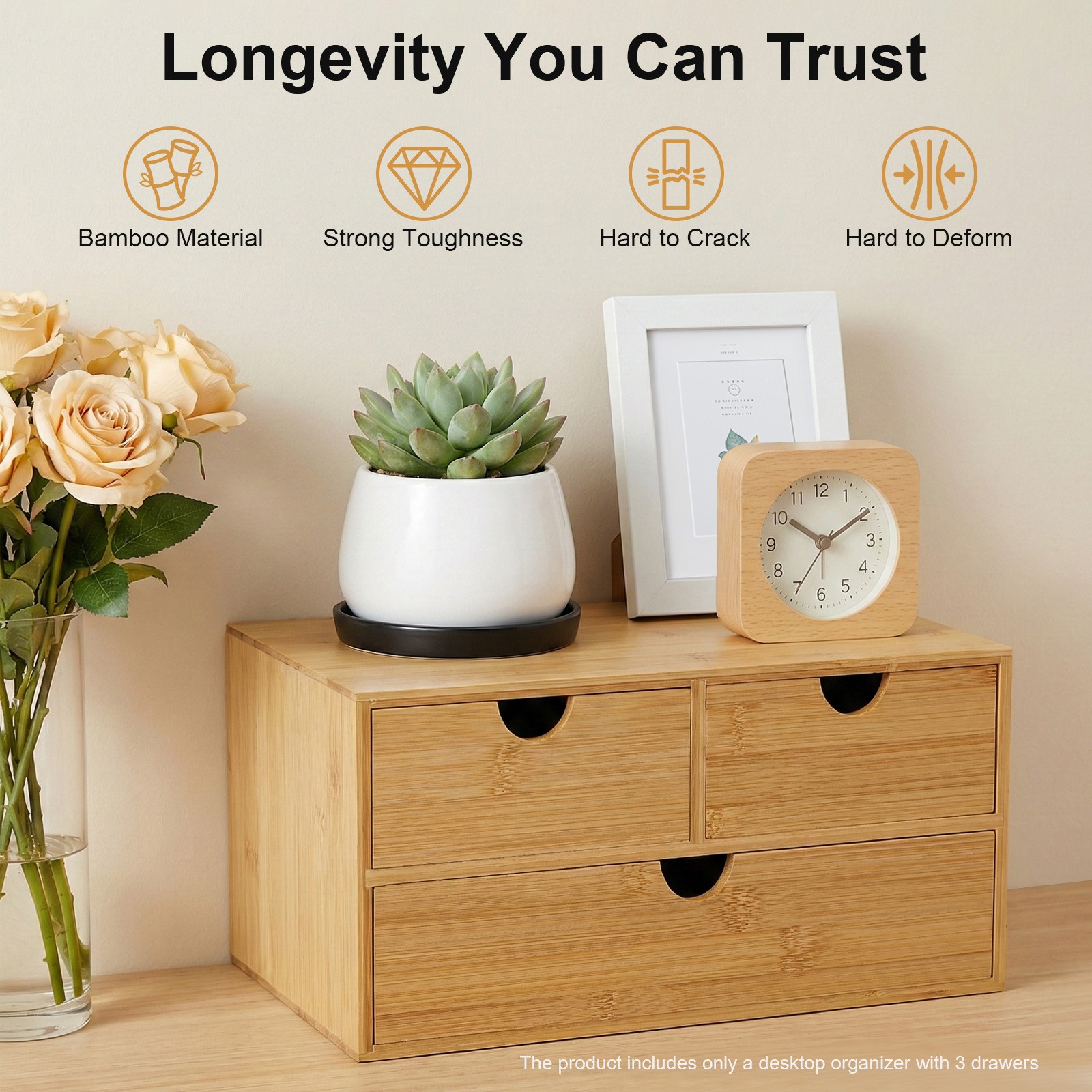 Bamboo Desk Organizer with 3 Drawers, Tabletop Storage Box No Assembly Required