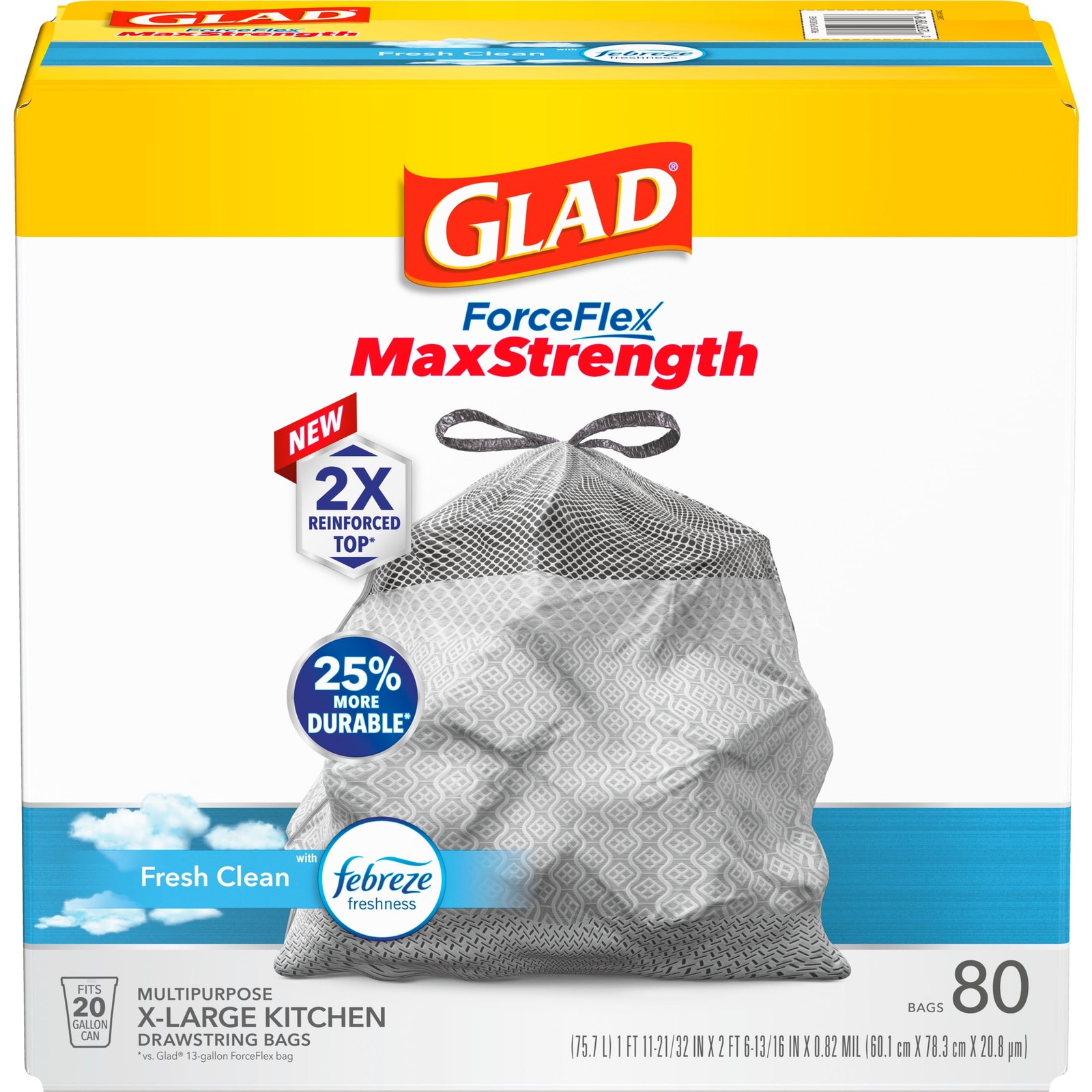 Glad XL X-Large Kitchen Plastic Drawstring Trash Bags 20 Gal Grey Trash Bag