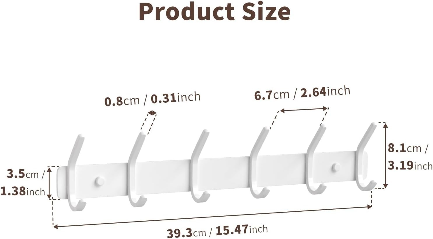 Coat Rack Wall Mount Hooks – 15 Inch Matte White Metal 6-Hook Organizer Wall