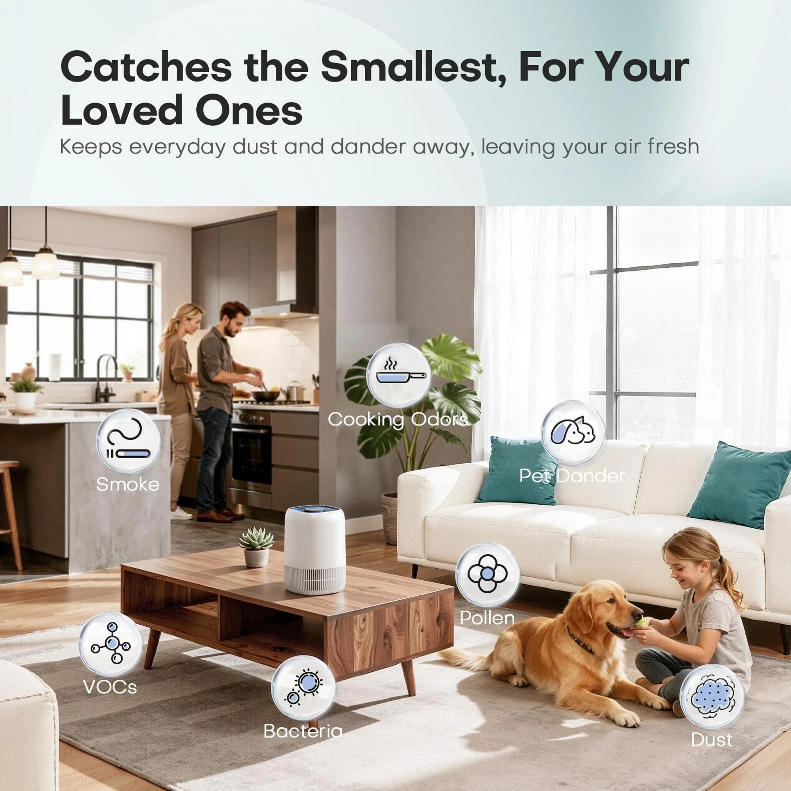 H13 HEPA Air Purifier for Home 1076 Sq Ft Quiet Cleaner Smoke Pet Hair White