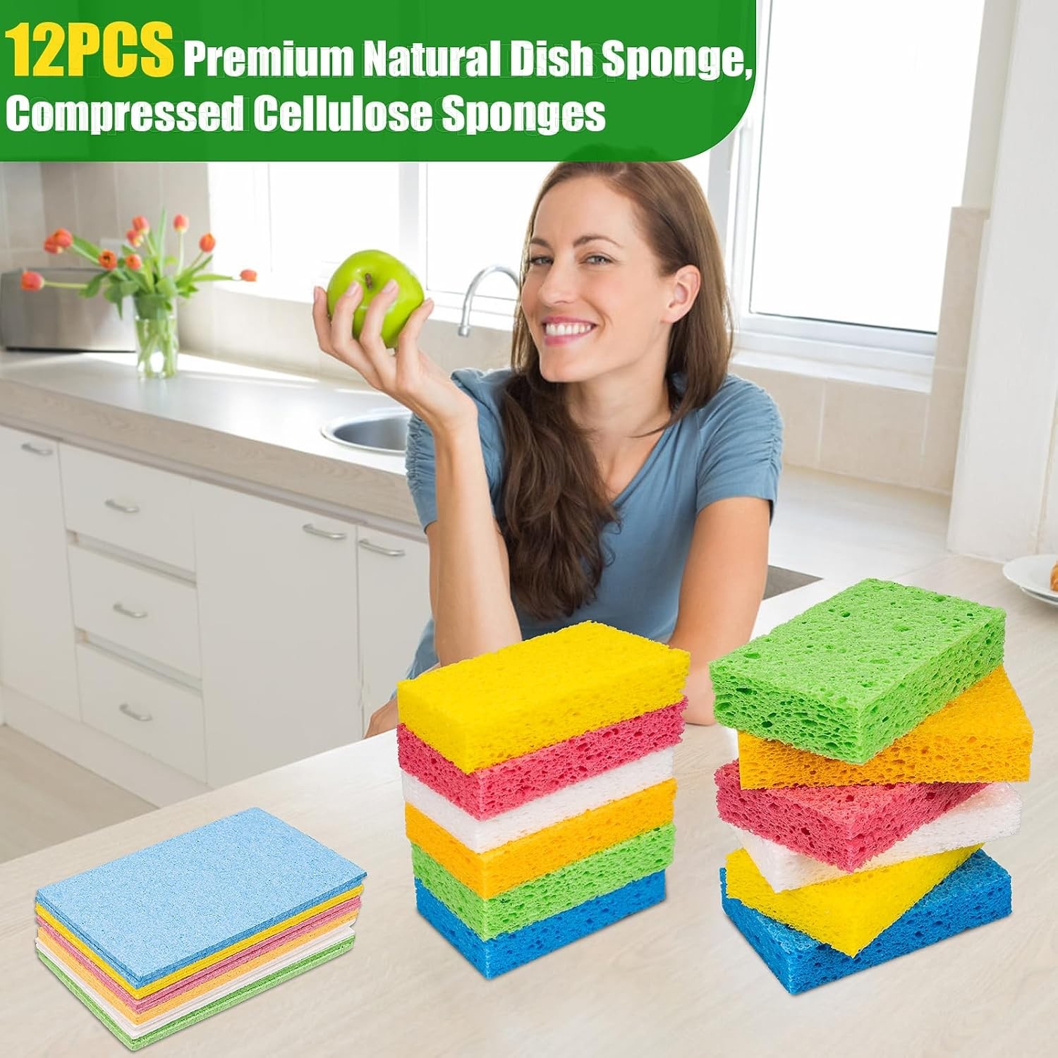 12 PCS Kitchen Sponges, Natural Compressed Cellulose Sponges, Non-Scratch