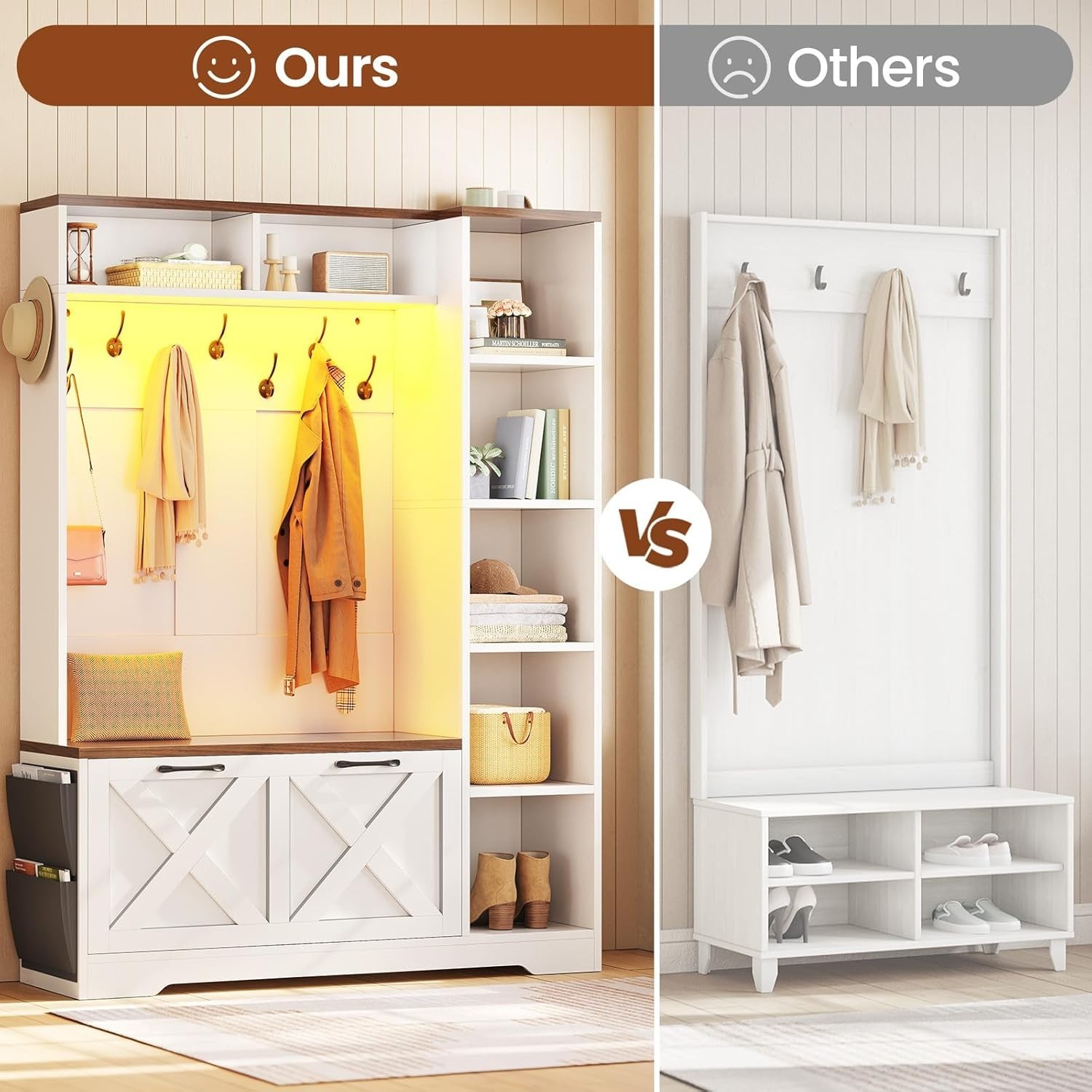 Hall Tree with Shoe Storage, Farmhouse Entryway Bench w/Flip Drawers &Led Lights