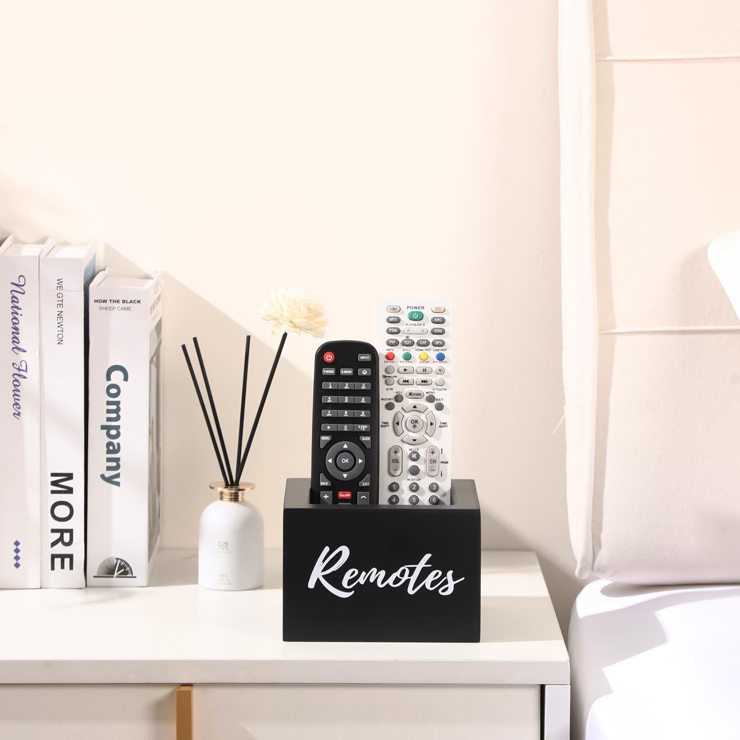 Black Wooden TV Remote Control Holder Desk Table Storage Organizer Caddy Box