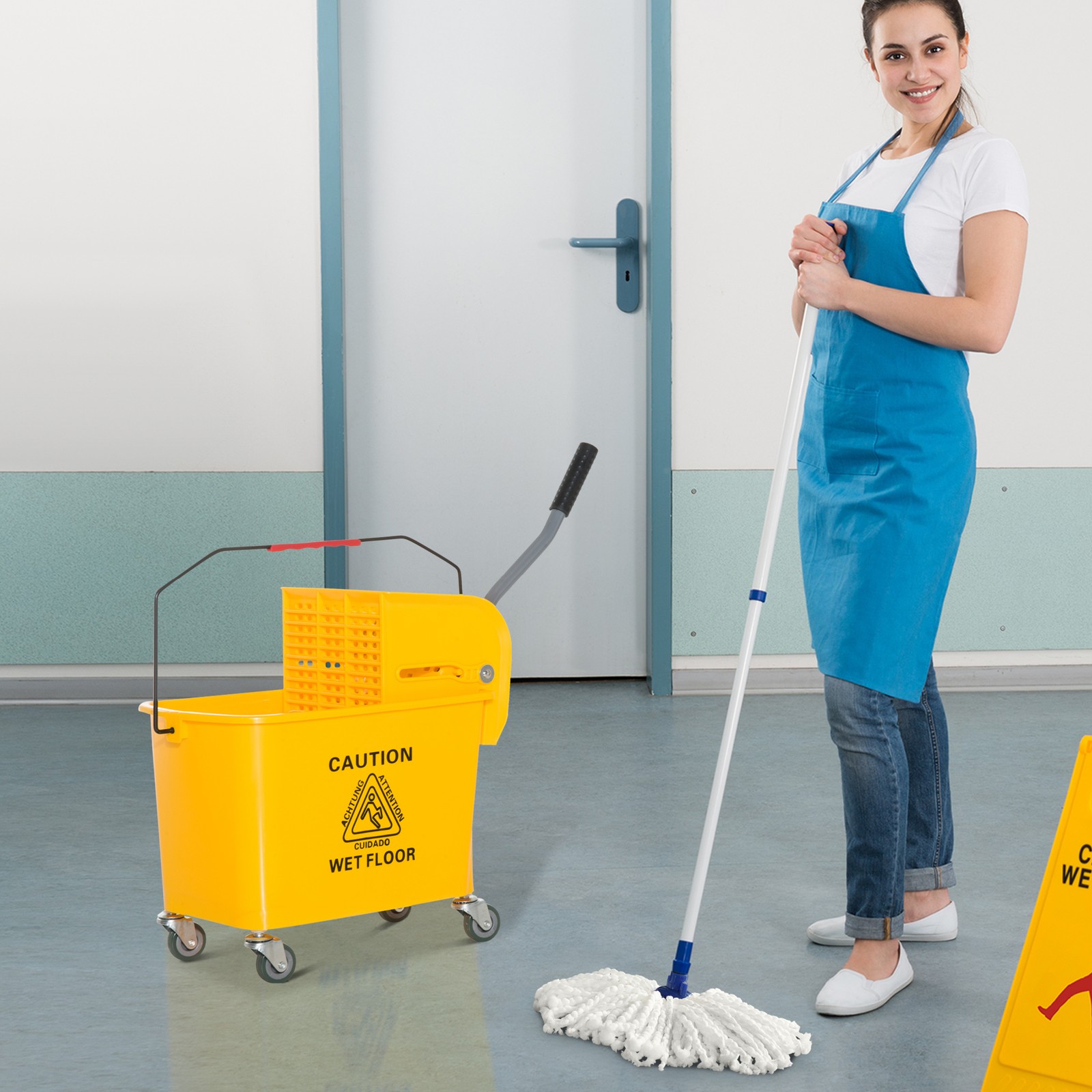 Compact Mop Bucket with Wringer on Wheels 21 Quart Yellow