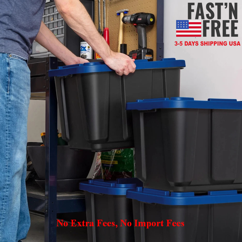 IRIS USA 12 Gal, Stackable Storage Totes, Plastic Bin with Lids, Black/Blue, 4PK