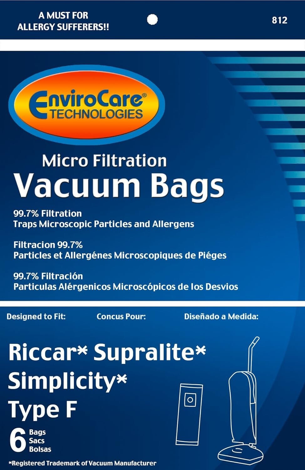 EnviroCare Vacuum Cleaner Dust Bags fit Riccar Supralite Type F Uprights 6 pack