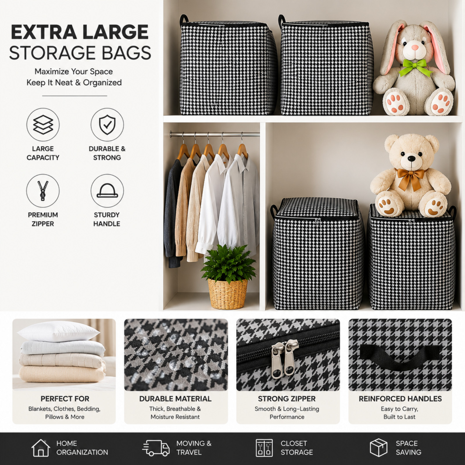 Extra Large Storage Bag Heavy Duty Zipper Handles Clothes Bedding Comforter