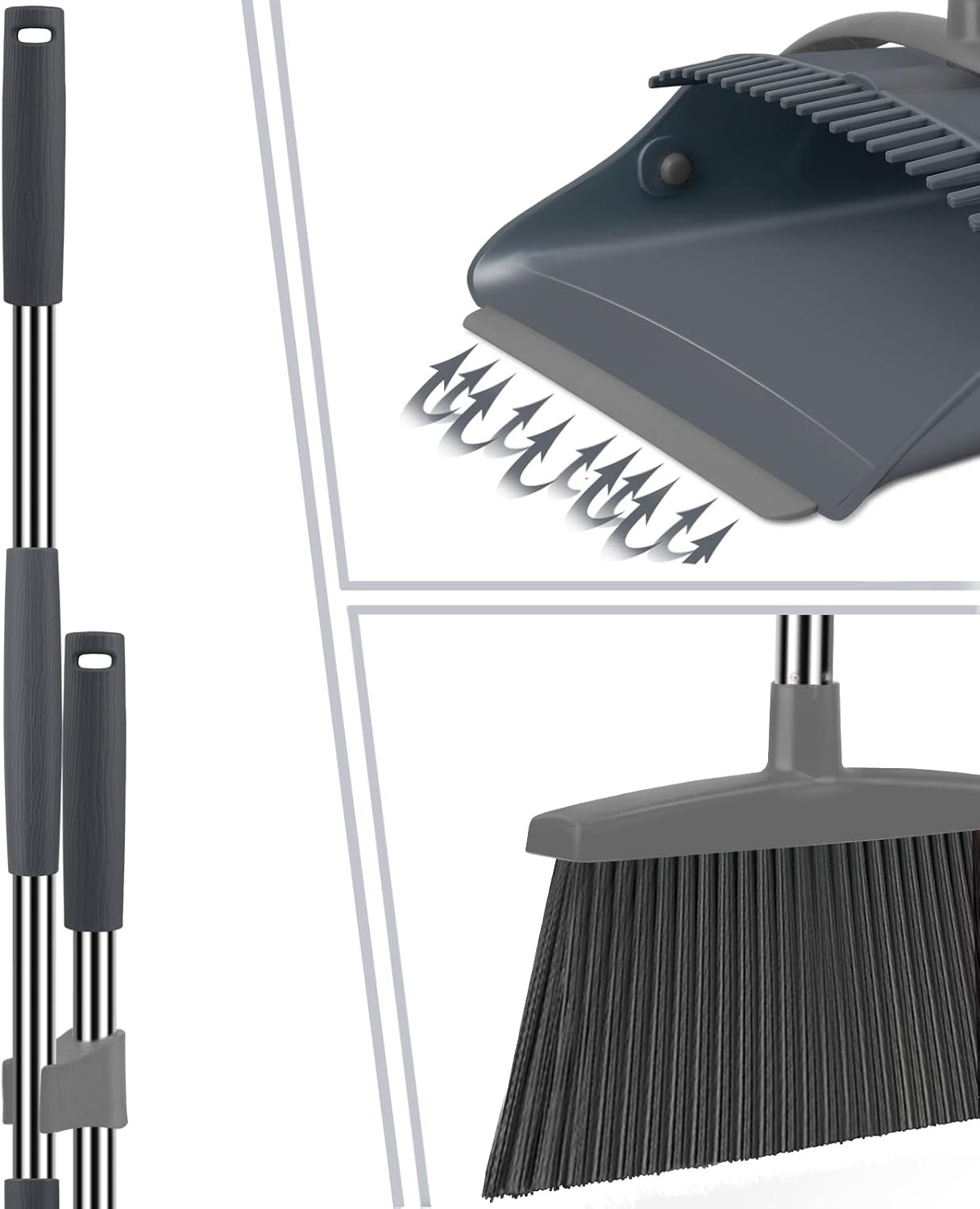 Broom and Dustpan Combo Long Handle Standing Sweeper Set Gray