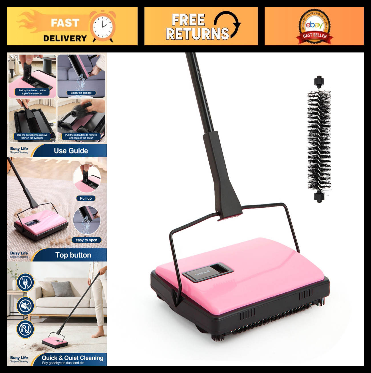 Manual Carpet Sweeper Cleaner – Lightweight Handheld Non-Electric for Rugs, Pet