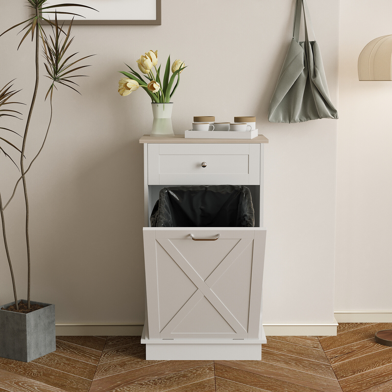 Kitchen Trash Can Tilt Out Free Standing with Drawer Trash Bin Storage Cabinet