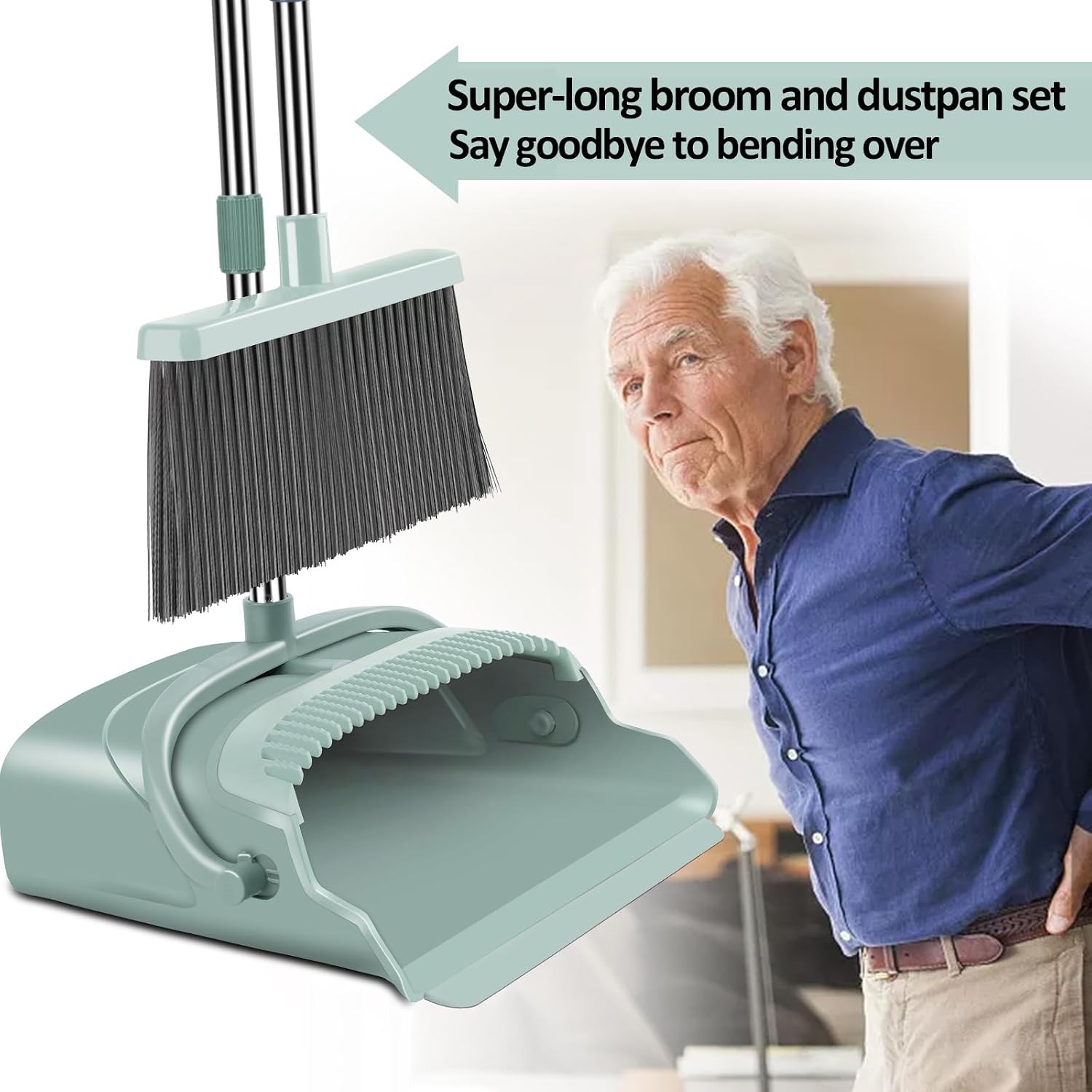 Broom and Dustpan Set Upright Sweeping Combo with Self Cleaning Teeth for Home