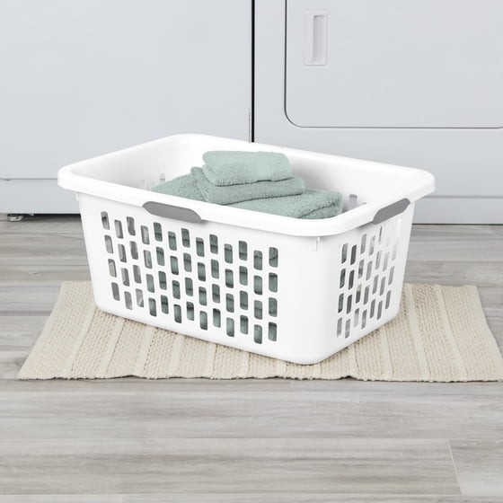Sterilite 2 Bushel Large Plastic Laundry Basket 4 Comfort Grip Handles, White