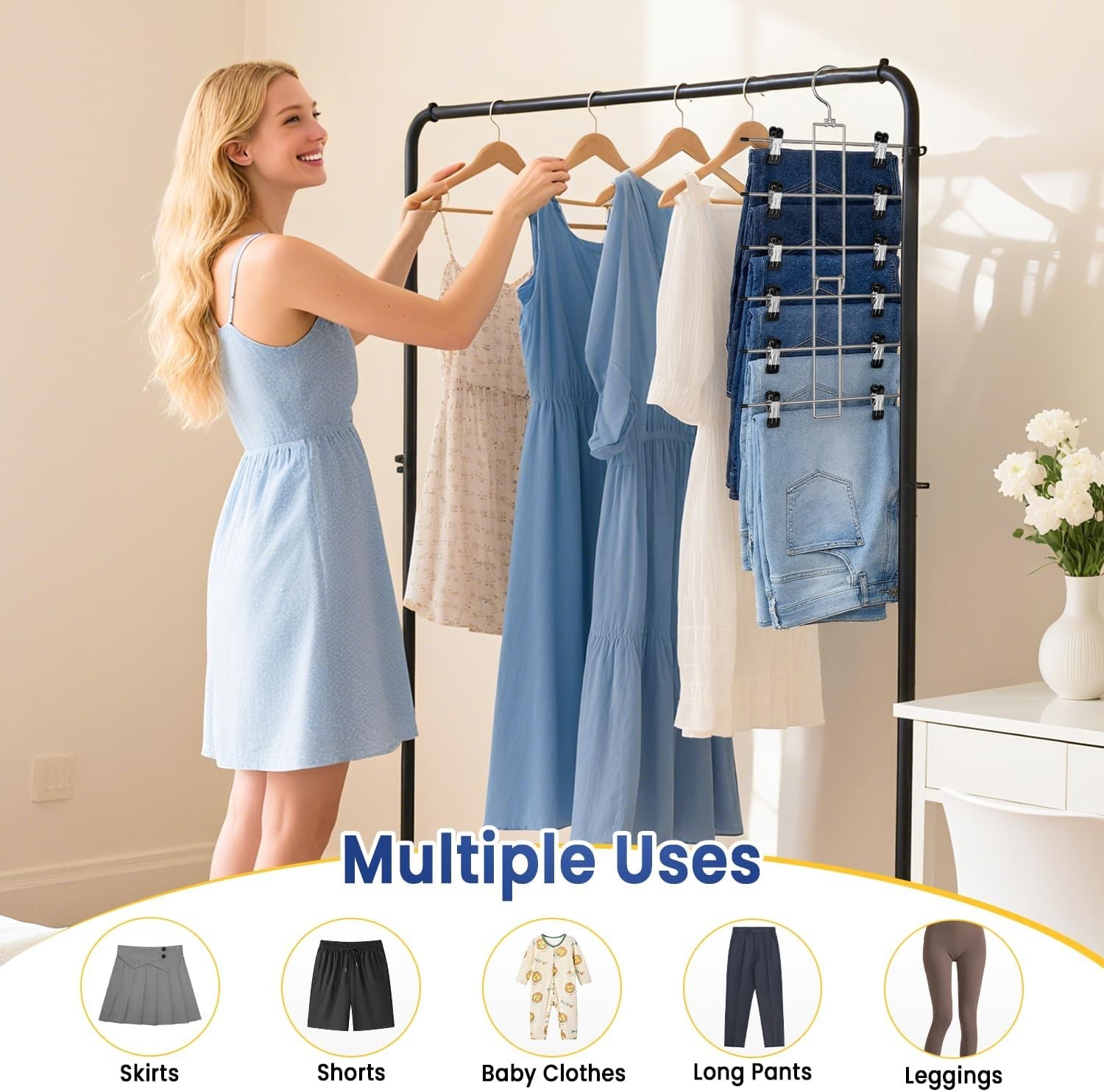 Pants Hangers with Clips,Space Saving Hanging Closet Organizer-6 Tiers Skirt Han