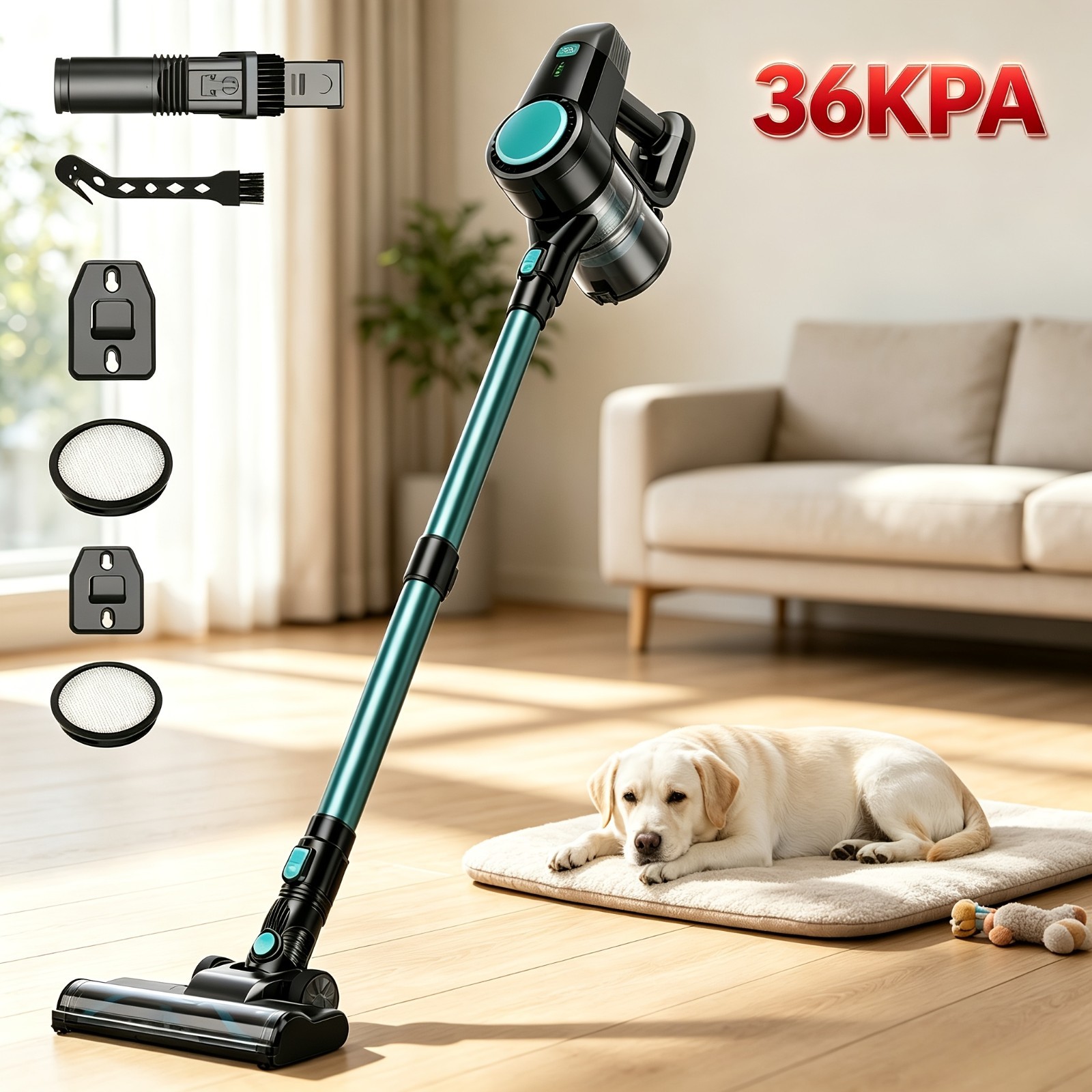 2200mAh POWEART N3 Cordless Vacuum Cleaner for home, Powerful LED Floor Brush Va