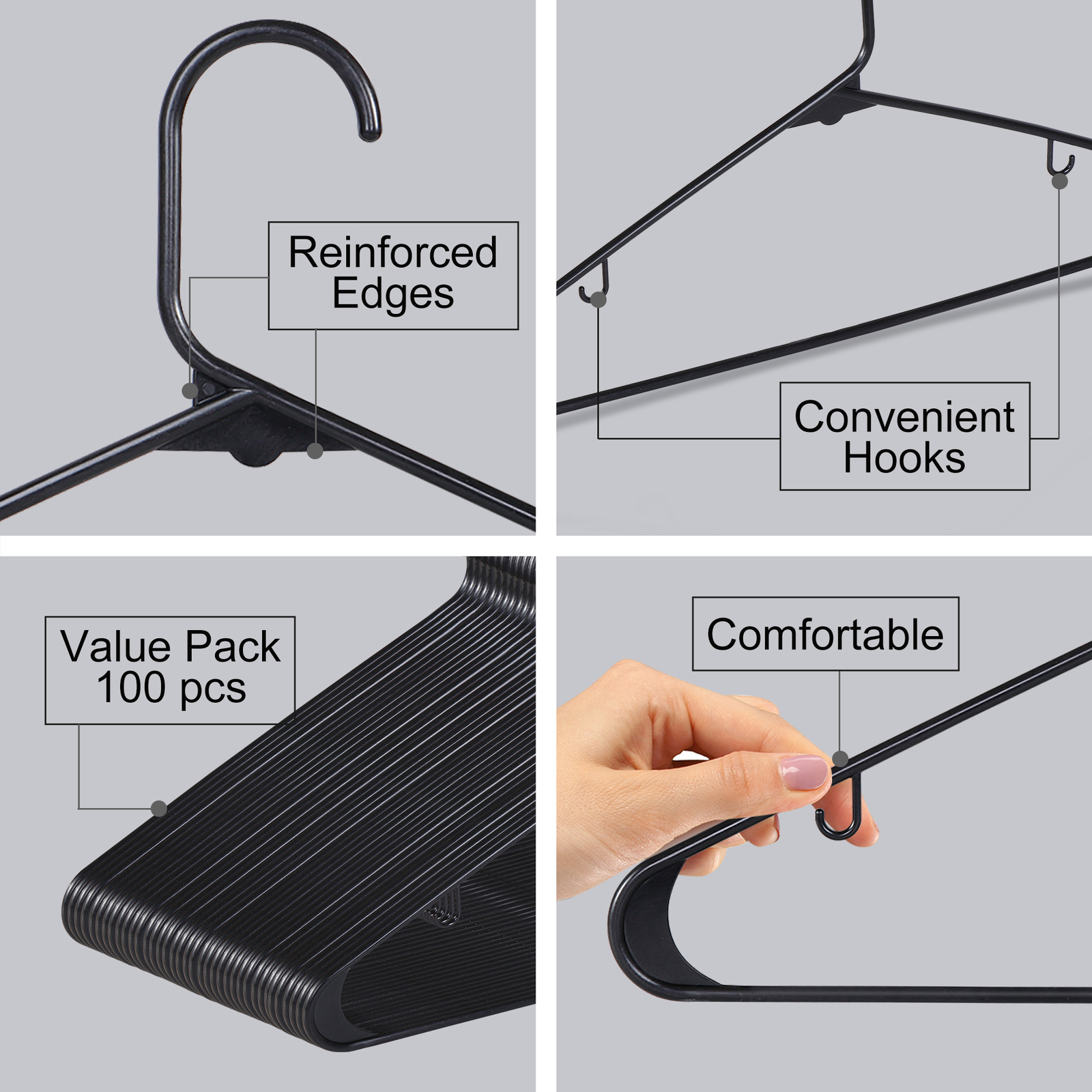 100 Pack Black Plastic Hangers Standard Thick Clothes Hangers with Double Hooks