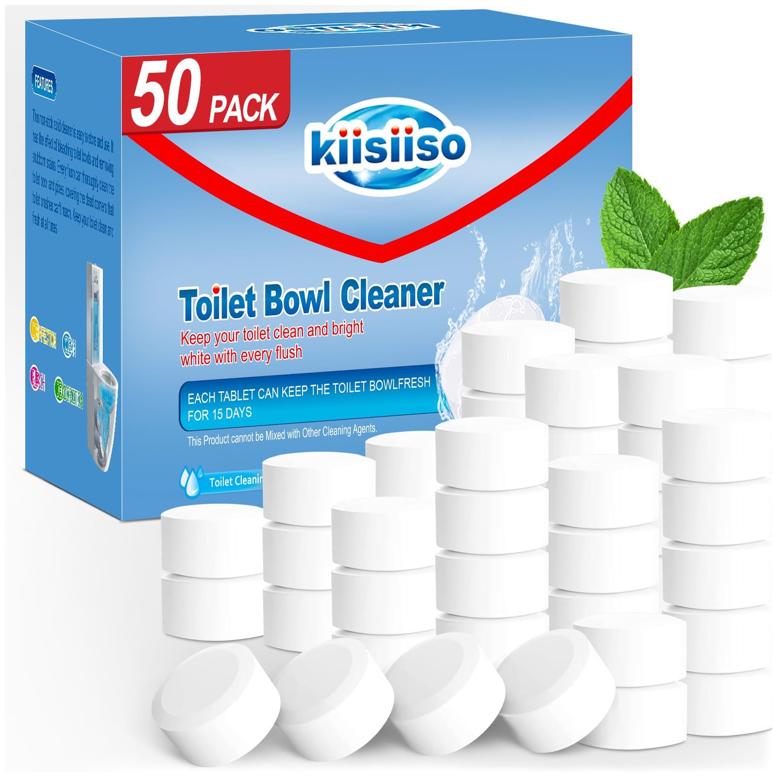 KIISIISO Toilet Bowl Cleaner Tablets 50 PACK, Automatic Bleach Toilet Tank Cl…
