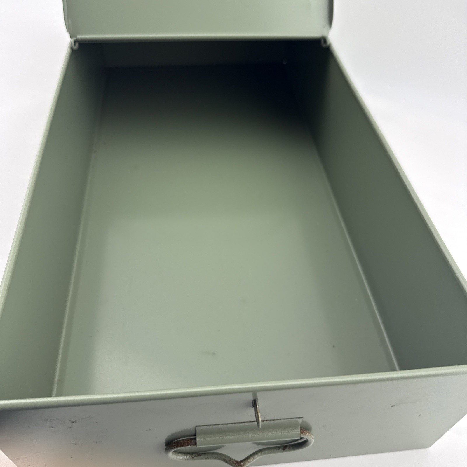 Vintage X-10 Light Green Metal Storage Box 21.5x10x5 Slide Lid