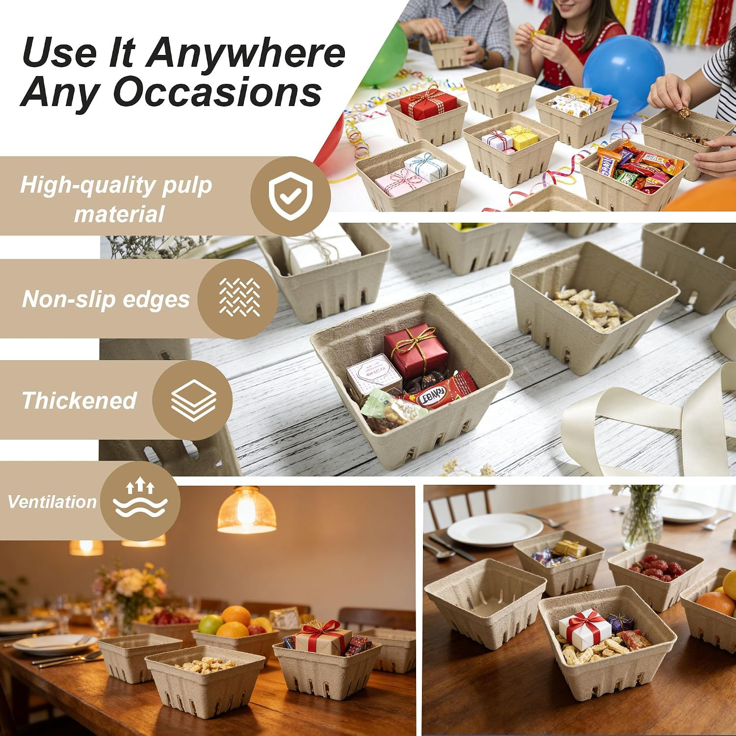 30 Pack Natural Fiber Berry Baskets Vented Produce Trays Fruit Vegetable Storage