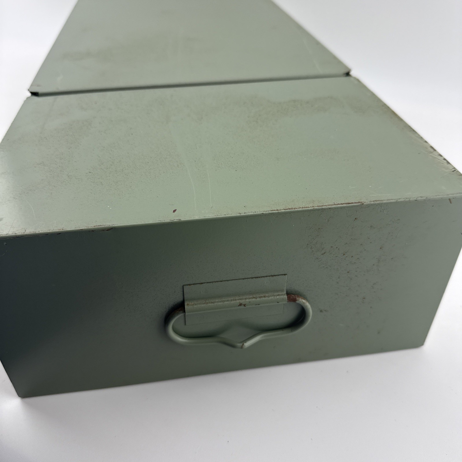 Vintage X-10 Light Green Metal Storage Box 21.5x10x5 Slide Lid