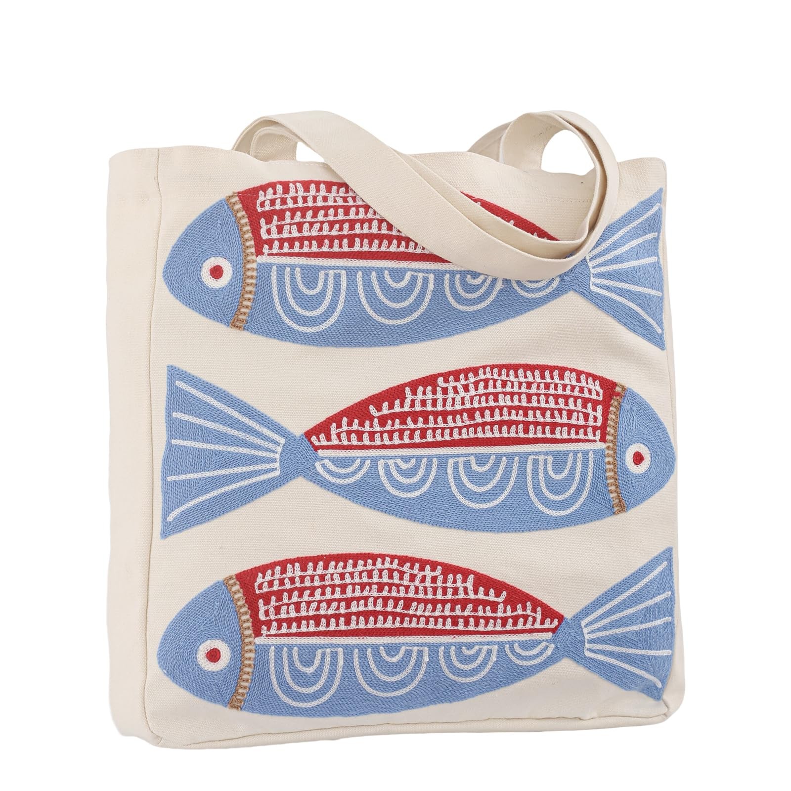 Ocean-Themed Embroidery Tote Bag for Summer Canvas Beach Bag with Magnetic Bu…