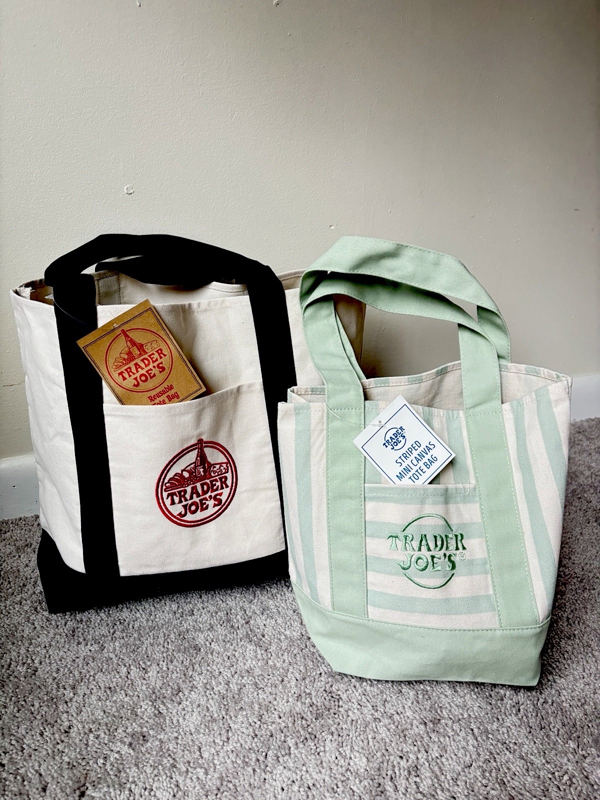 💚 2 Pack Most Sold NEW Trader Joe’s Canvas Navy Blue/Stripe Green MustHave Tote