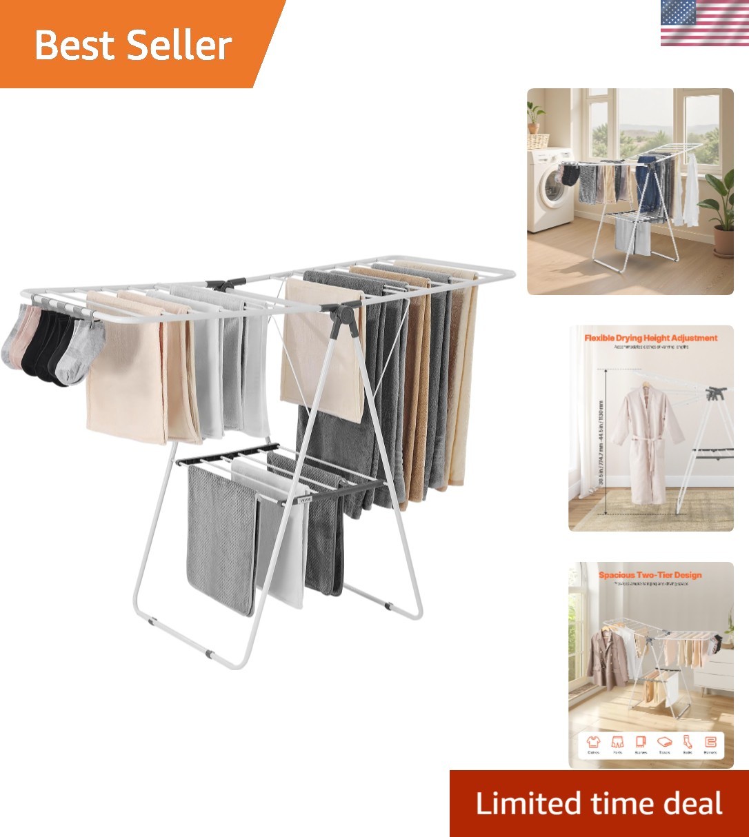 Elegant 2-Tier Foldable Laundry Dryer Rack with Sock Clips – Space-Saving White