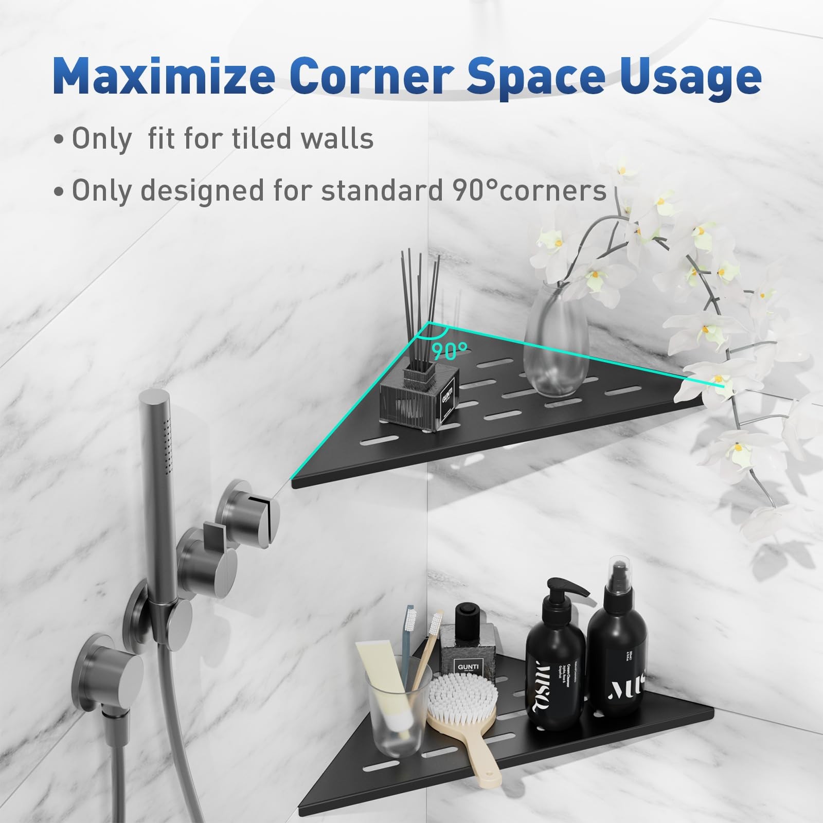 lives Corner Shower Shelves 2 Pack, Triangle-2pcs-Rectangular Patterns, Black
