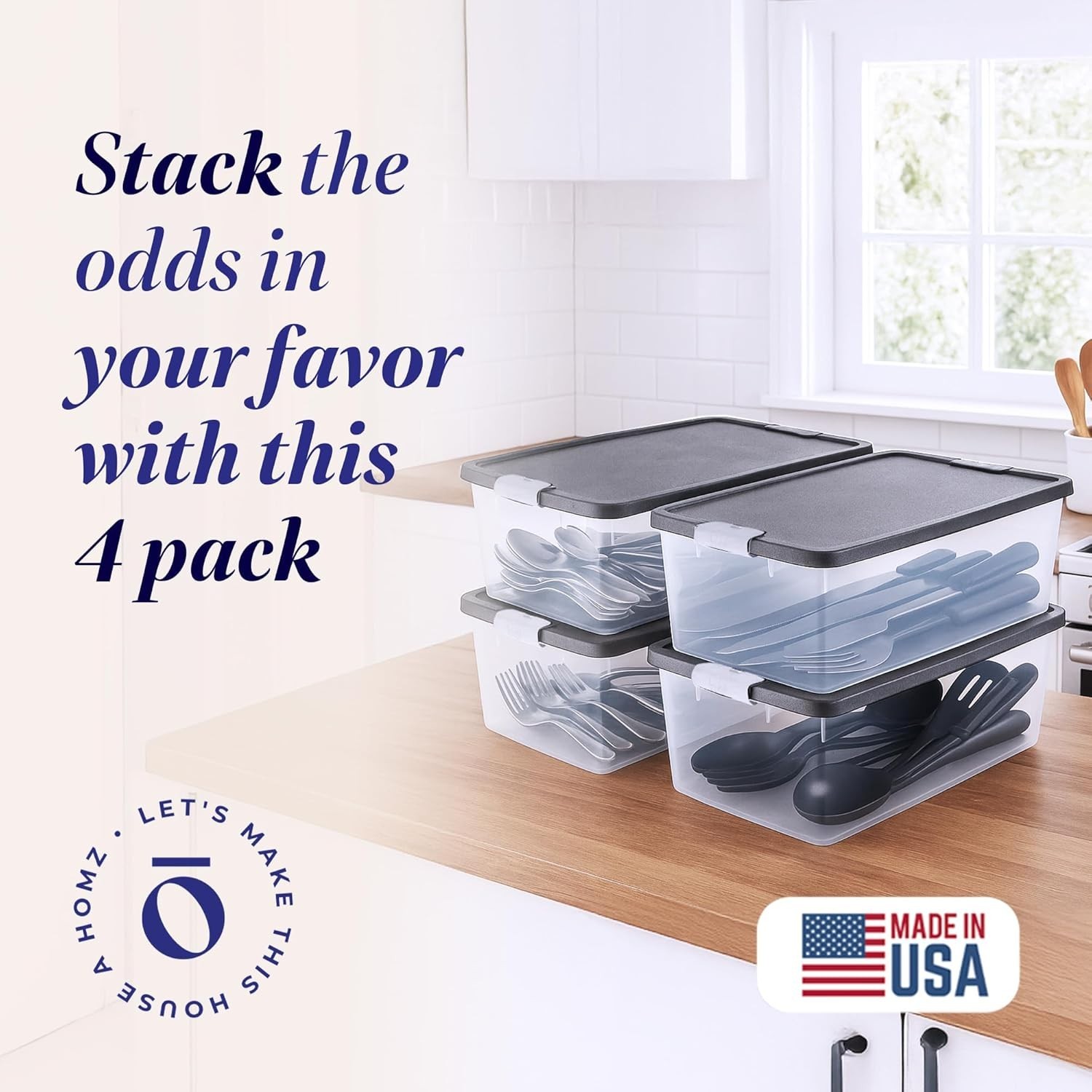 Stackable Clear Plastic Bins with Lids, 4-Pack, Shatterproof and Water Resistant