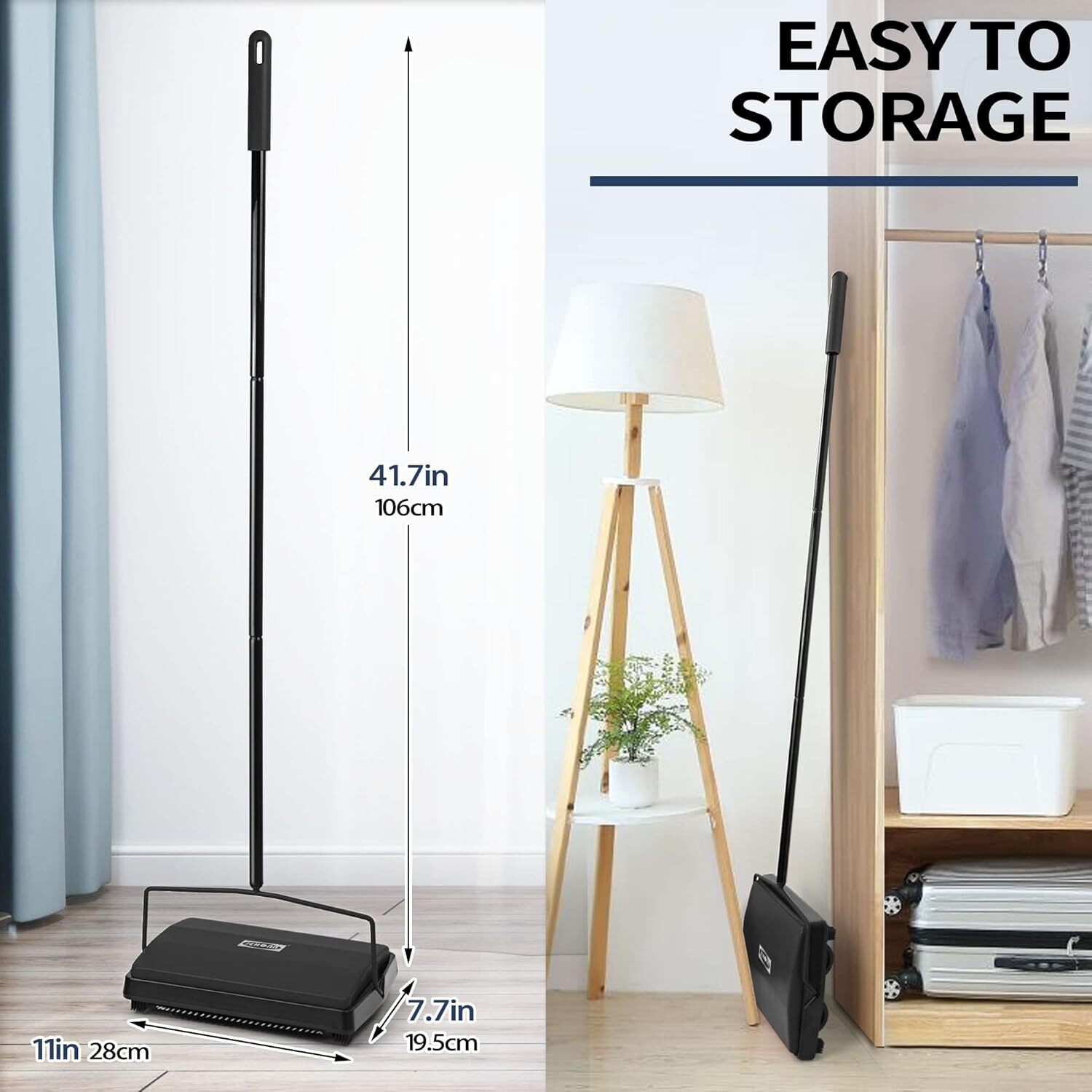 Carpet Floor Sweeper with Adjustable Handle Non-Electric Manual Sweeping Black
