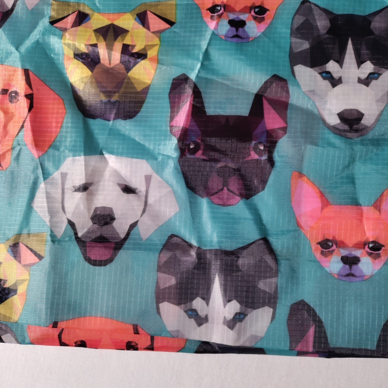 BeeGreen Reusable Nylon Shopping Teal/ Blue Tote Bag with Dog Faces All Over