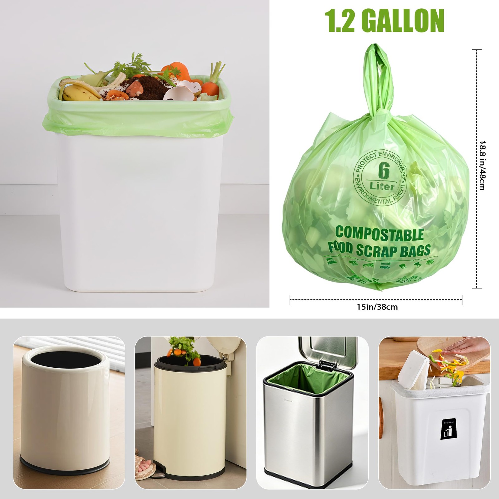 Small Compostable Trash Bags with Handles for Countertop Bin 6L,1.2 Gallon 10…