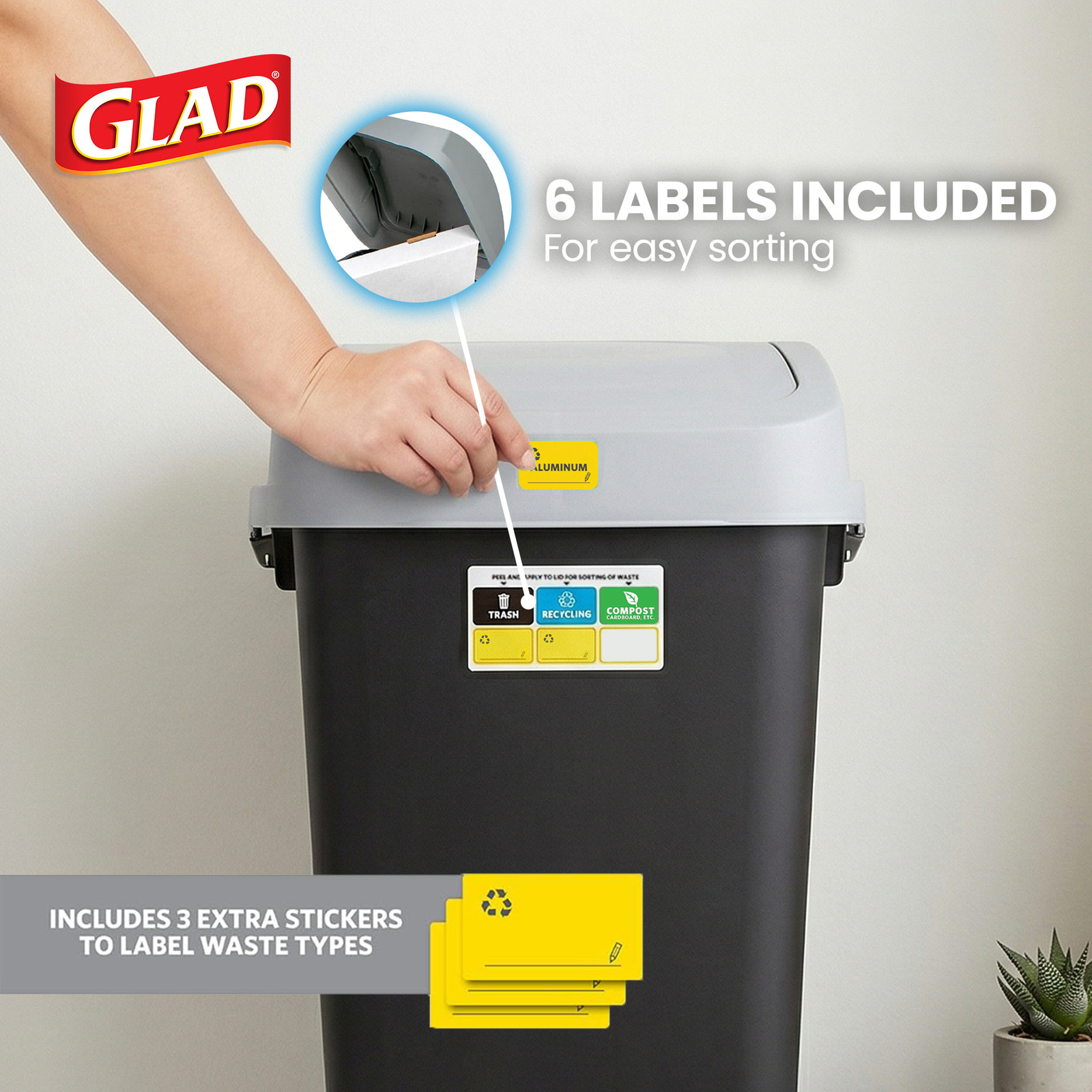 Glad Link & Sort 3-Piece Waste and Recycling Bin with Lid Set, 36 Gallon, Black