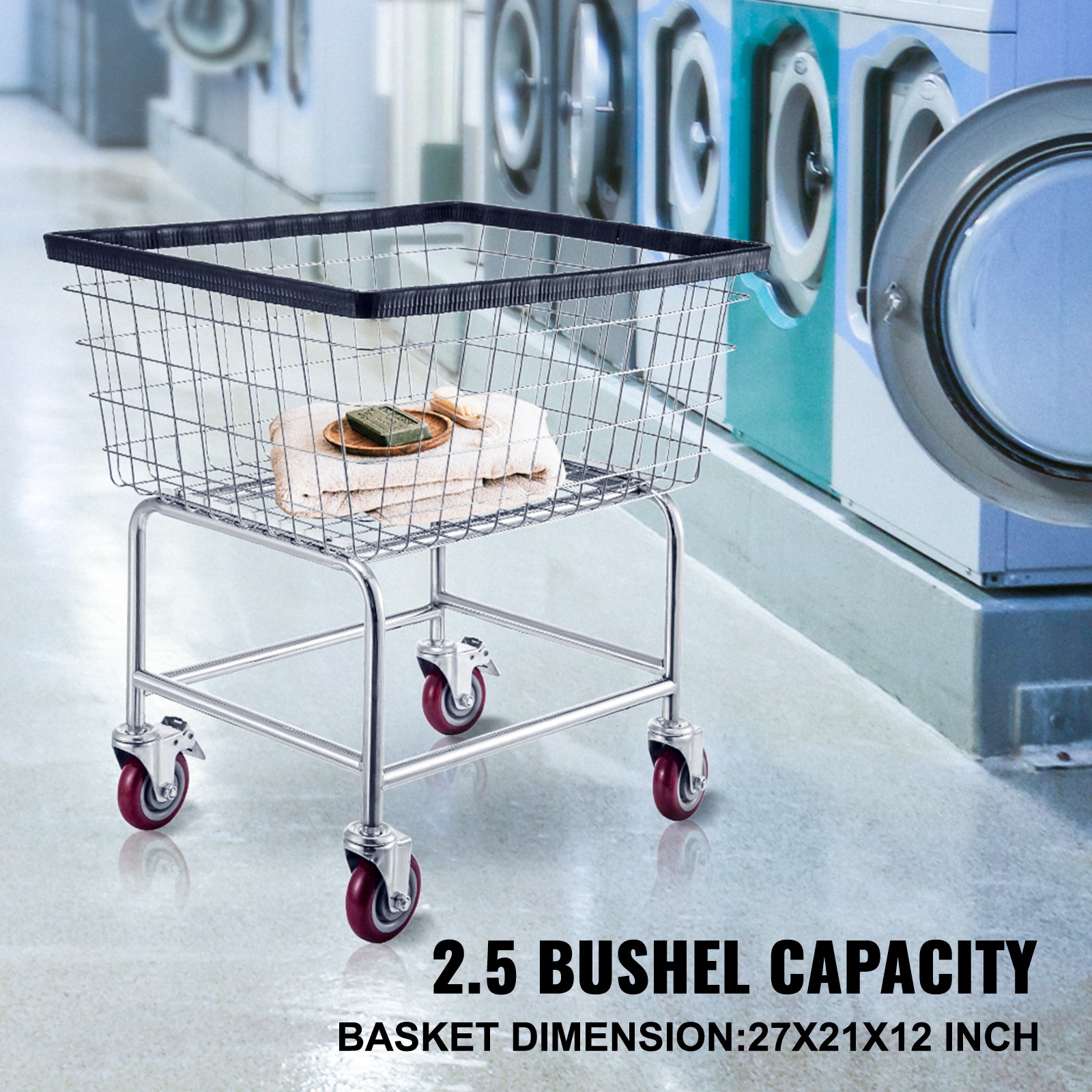 VEVOR Commercial Wire Laundry Basket Cart 2.5 Bushel 22”x27”x27.5”4” Wheels